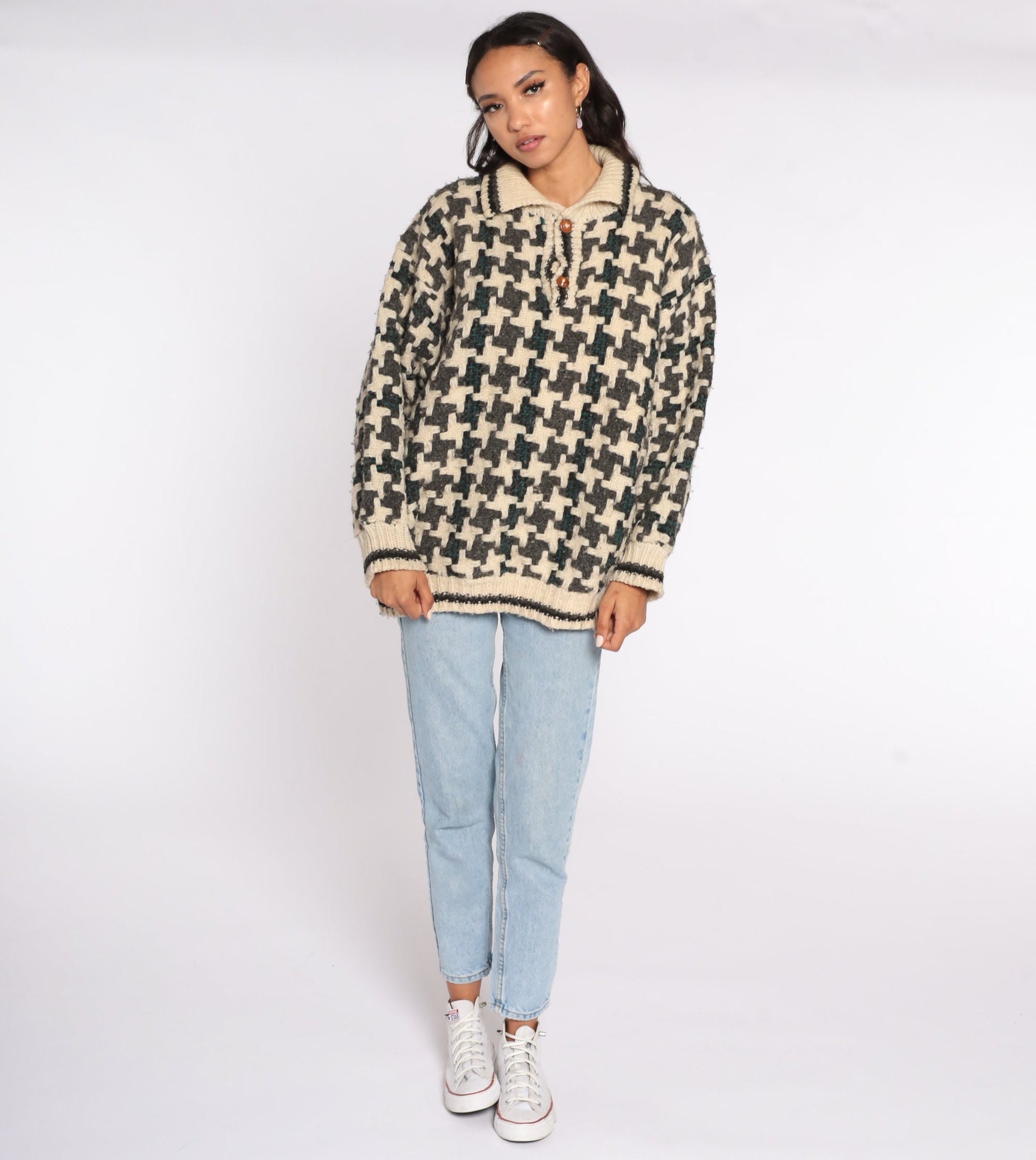80s Wool Geometric Houndstooth Sweater Cream Grey Pullover Large