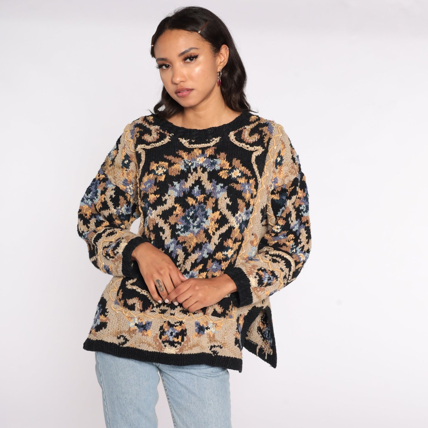 90s Black Floral Print Sweater Cotton Ramie Knit Pullover Large L