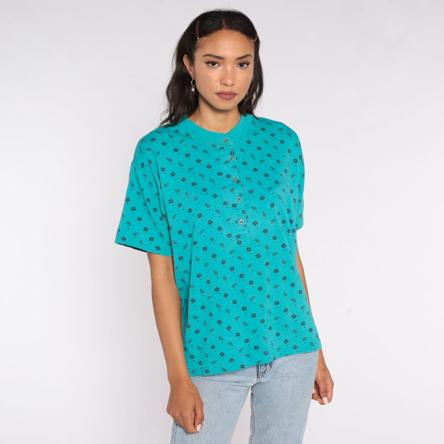 80s Turquoise Paisley Henley Button-Up Shirt Short Sleeve Large