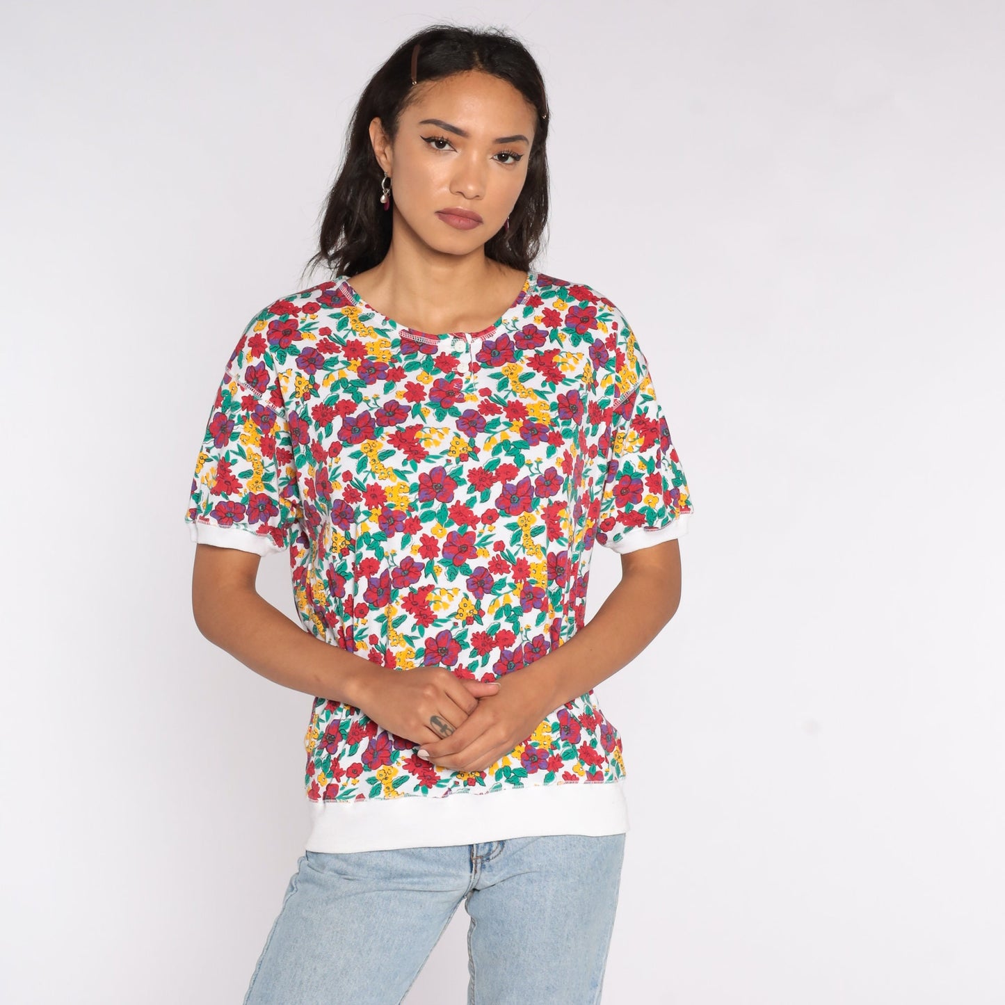 80s Floral Henley Shirt Red White Graphic Blouse Short Sleeve Large L