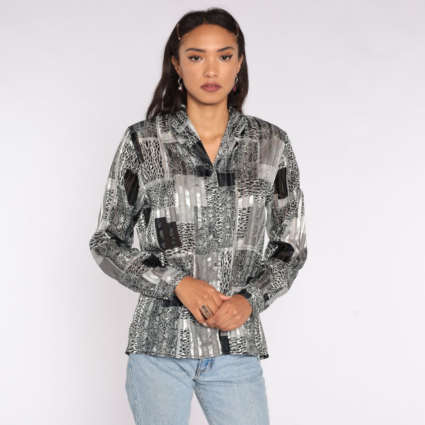 90s Leopard Print Semi-Sheer Blouse Black Striped Button-Up Medium