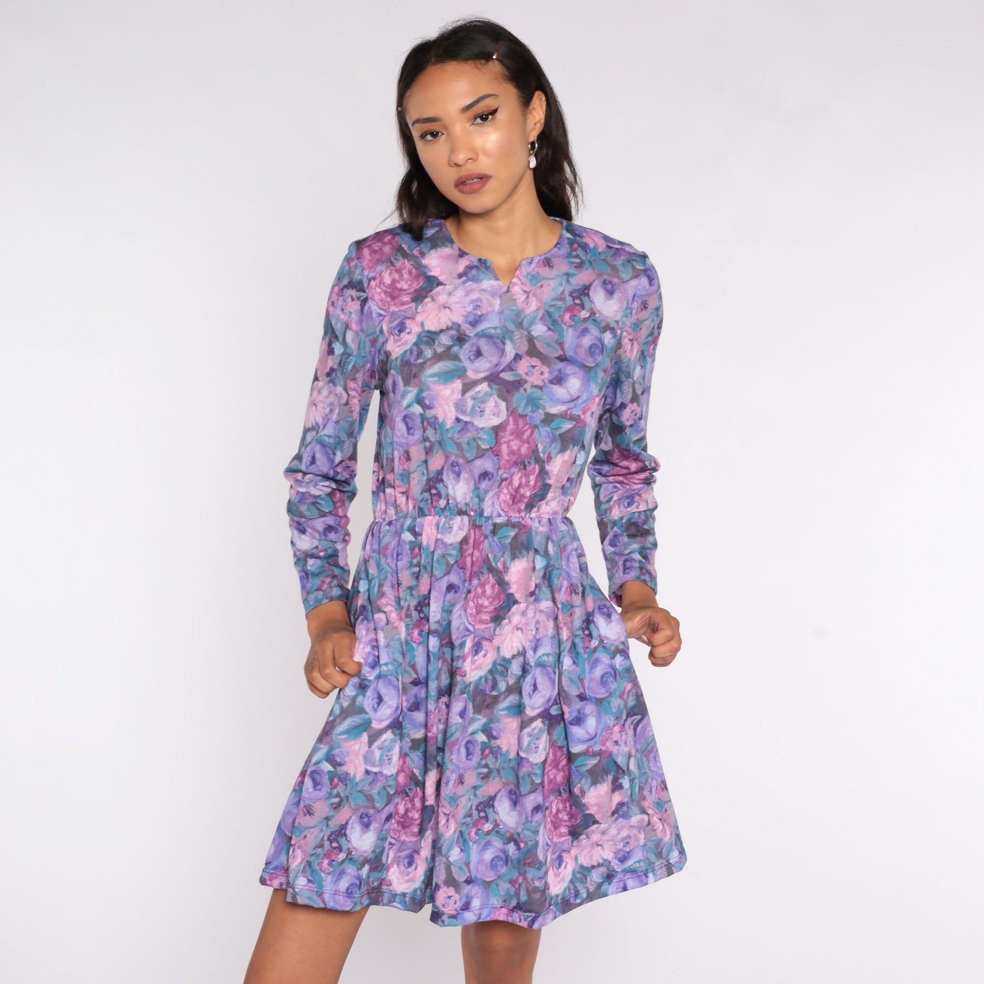 80s Floral Mini Dress Purple Pink V-Neck High Waisted Long Sleeve Small