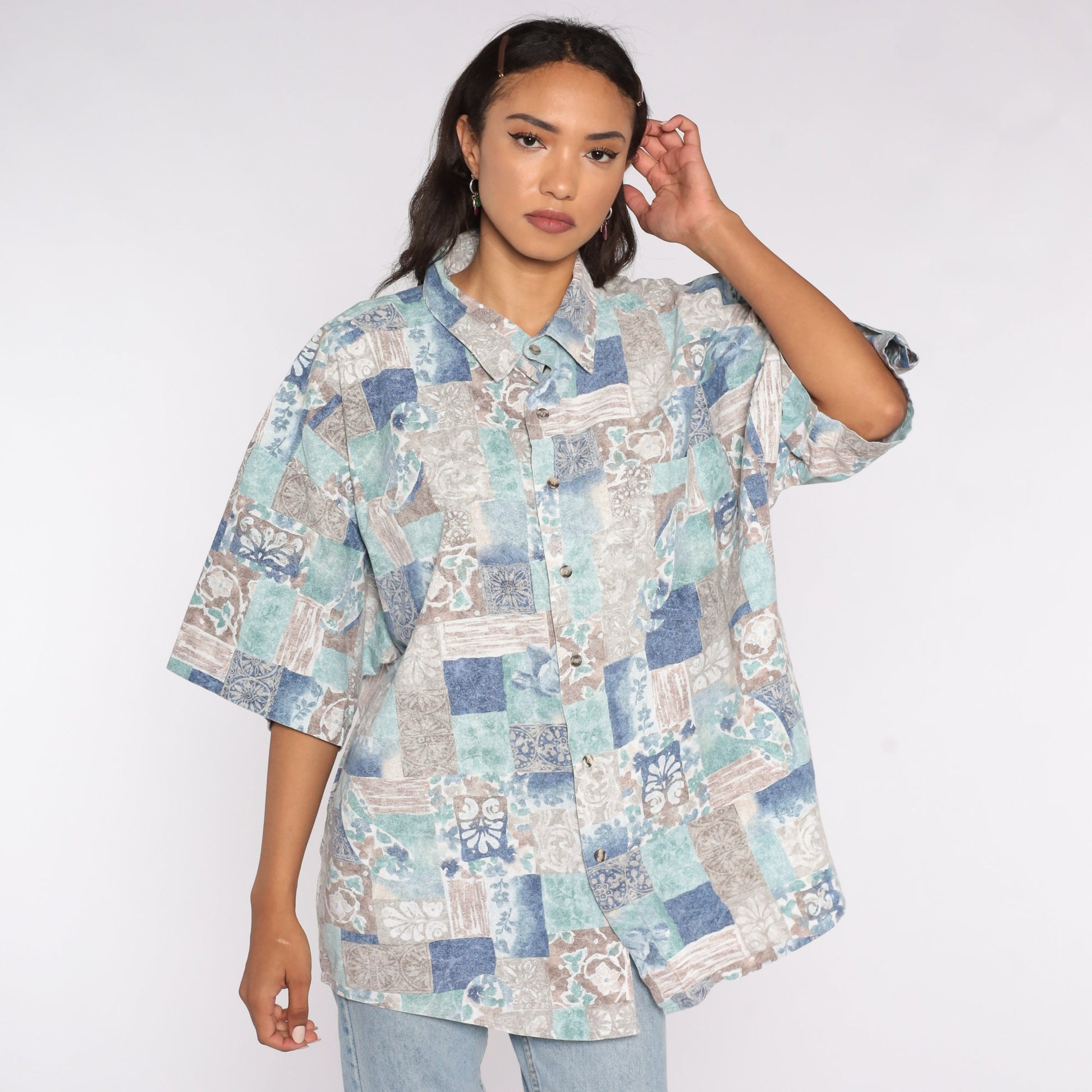 90s Floral Geometric Button-Up Blouse Blue Cotton XXL