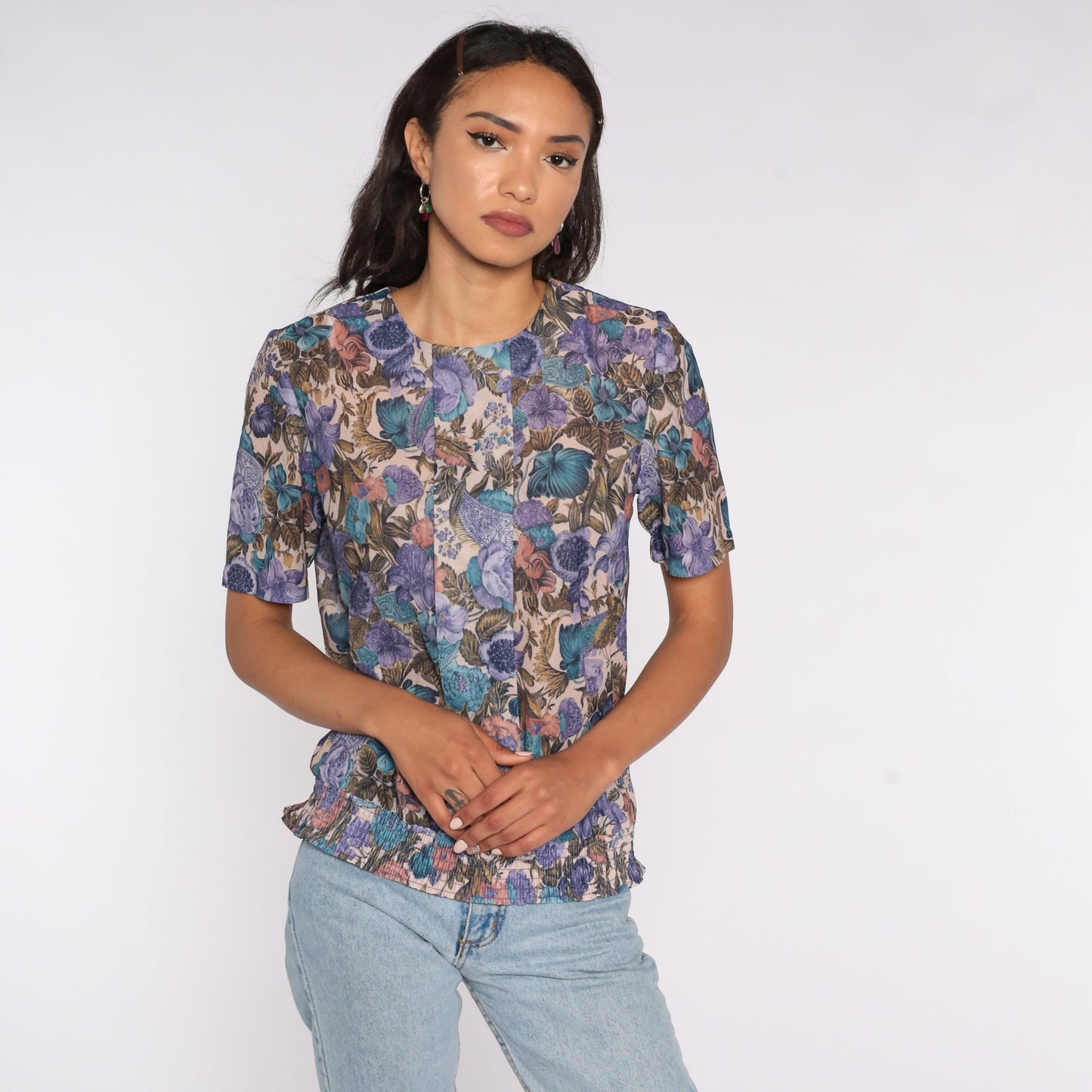 80s Purple Floral Print Blouse Short Sleeve Shirt Medium