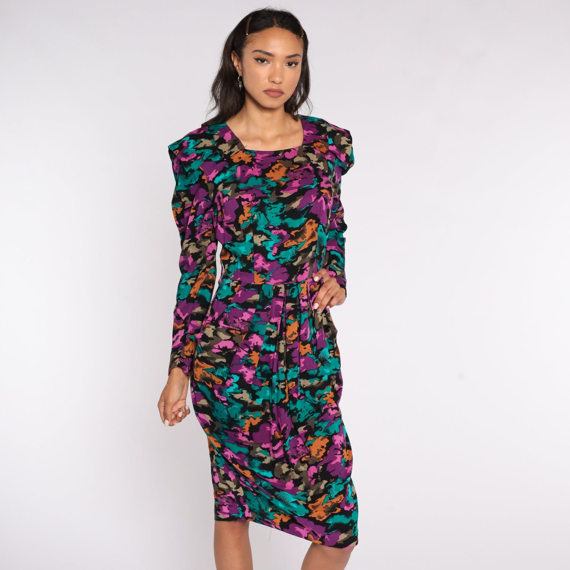 80s Abstract Print Midi Dress Puff Sleeve Purple Wiggle Pencil Medium