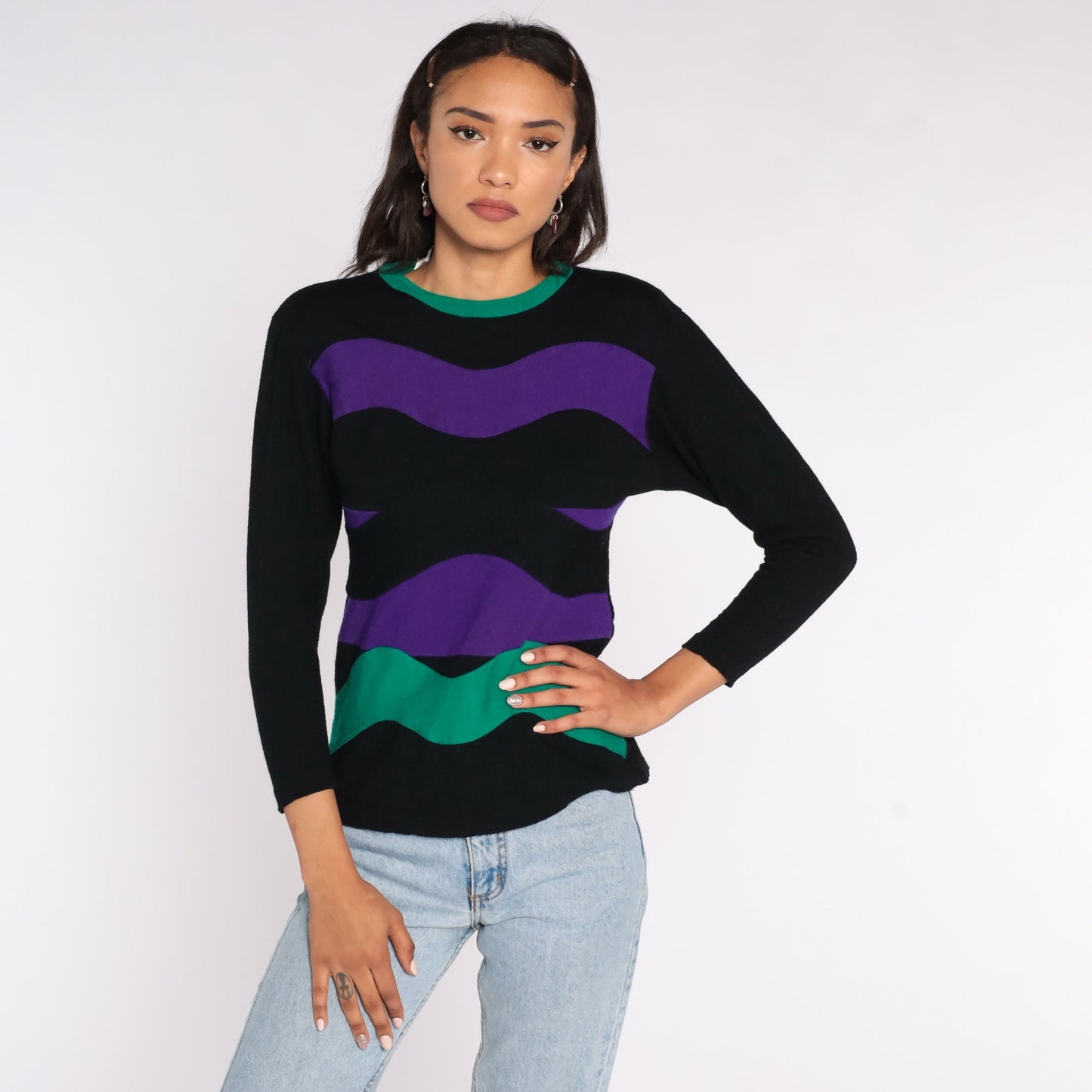 80s Black Purple Striped Wool Pullover Long Sleeve Shirt Small S