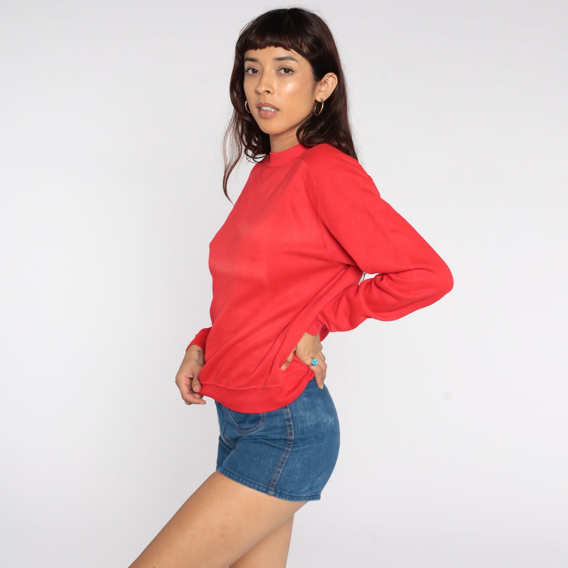 80s Red Crewneck Sweatshirt Faded Plain Vintage Medium