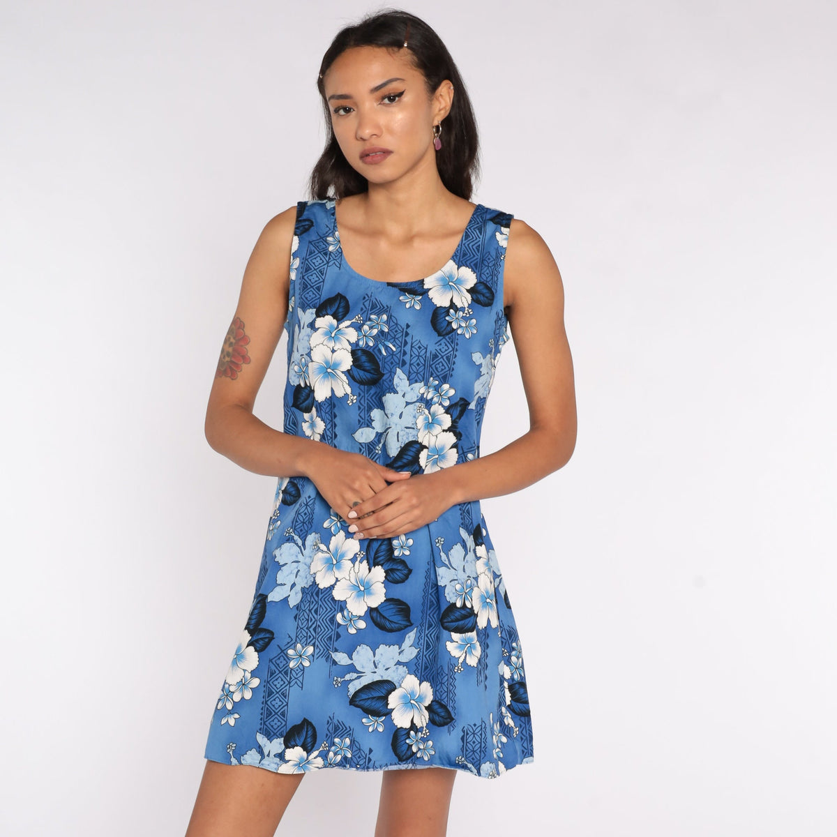 90s Hawaiian Floral Mini Sundress Blue Sleeveless Sheath Small