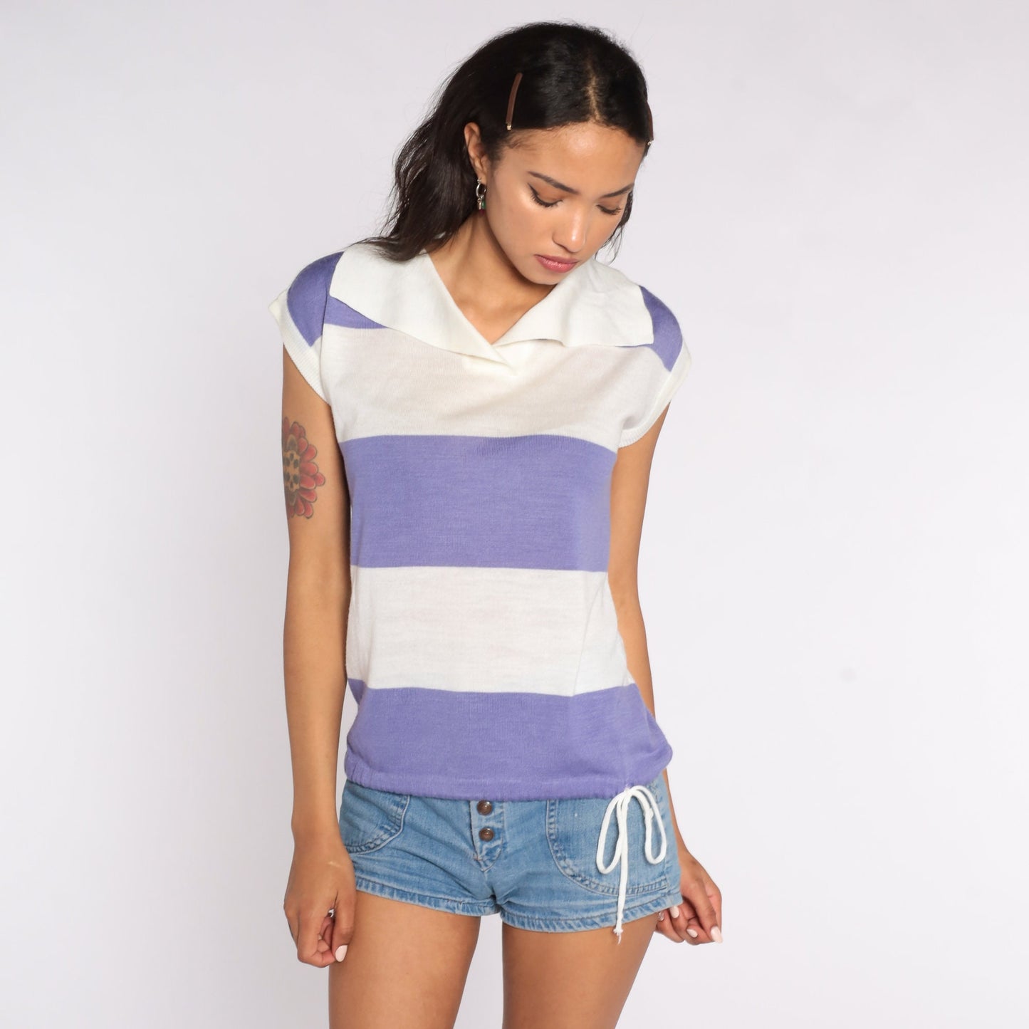 70s Striped Knit Blouse Purple Cap Sleeve Drawstring Waist Small Medium