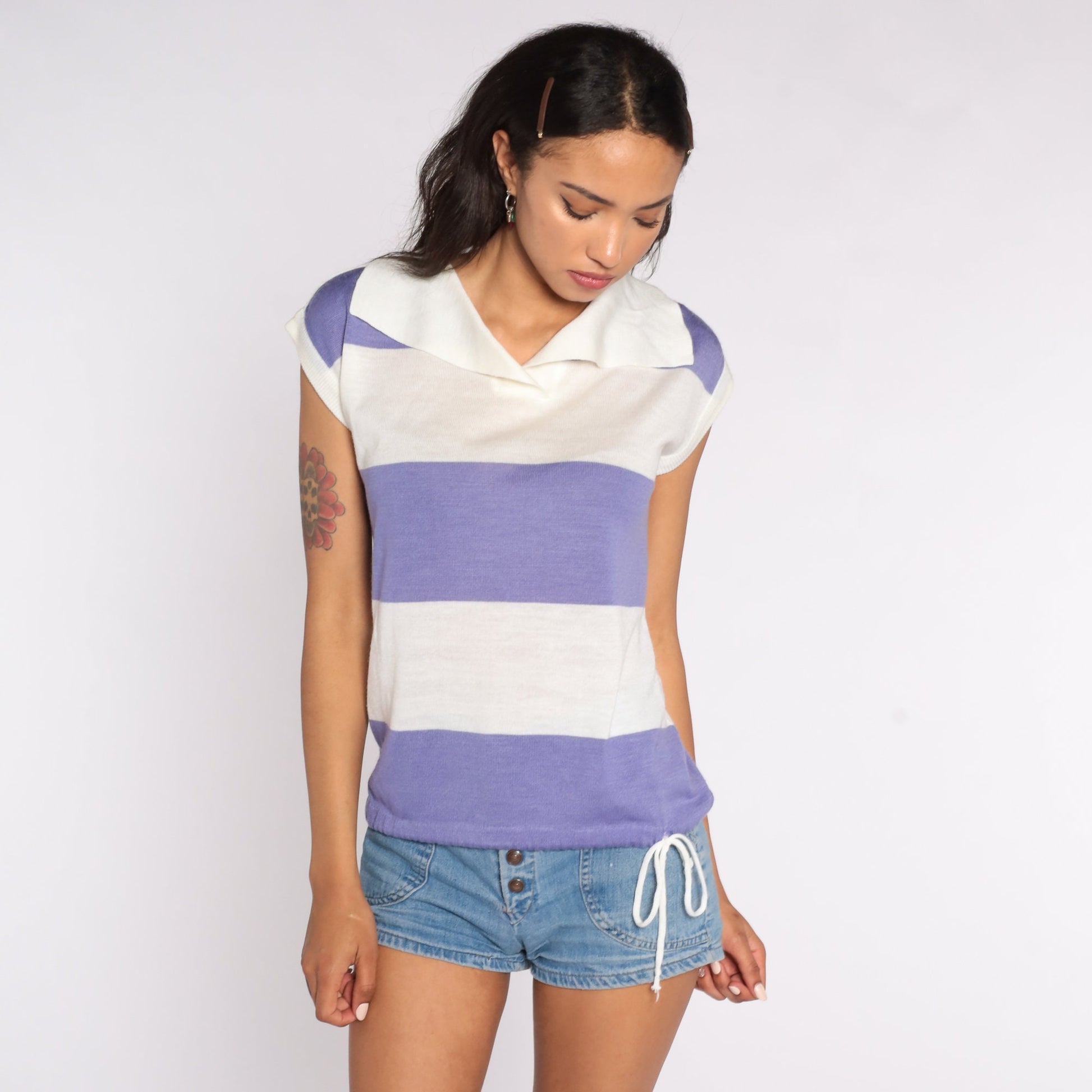 70s Striped Knit Blouse Purple Cap Sleeve Drawstring Waist Small Medium