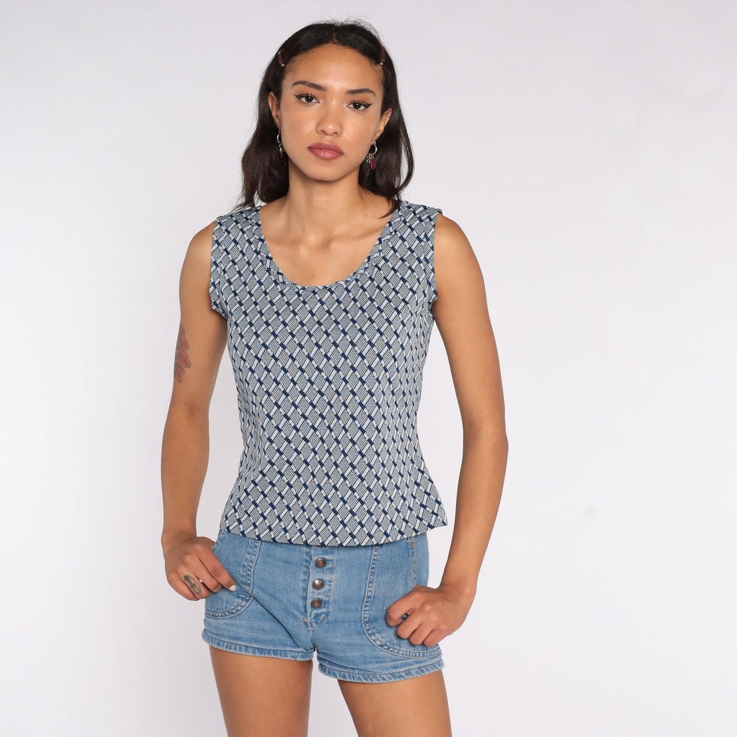 70s Geometric Tank Top Blue Checkered Sleeveless Blouse Small