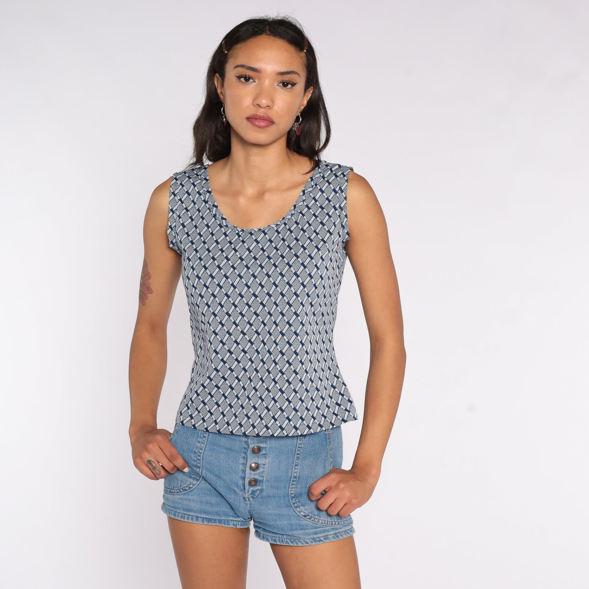 70s Geometric Tank Top Blue Checkered Sleeveless Blouse Small