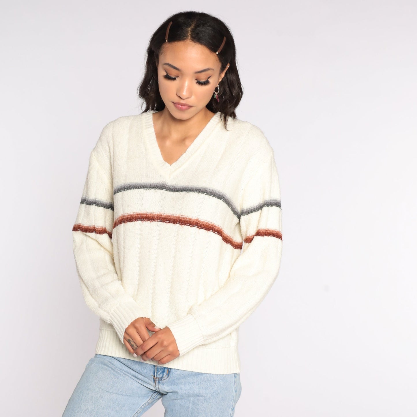 70s Kennington Striped V-Neck Sweater Cream Brown Medium Large