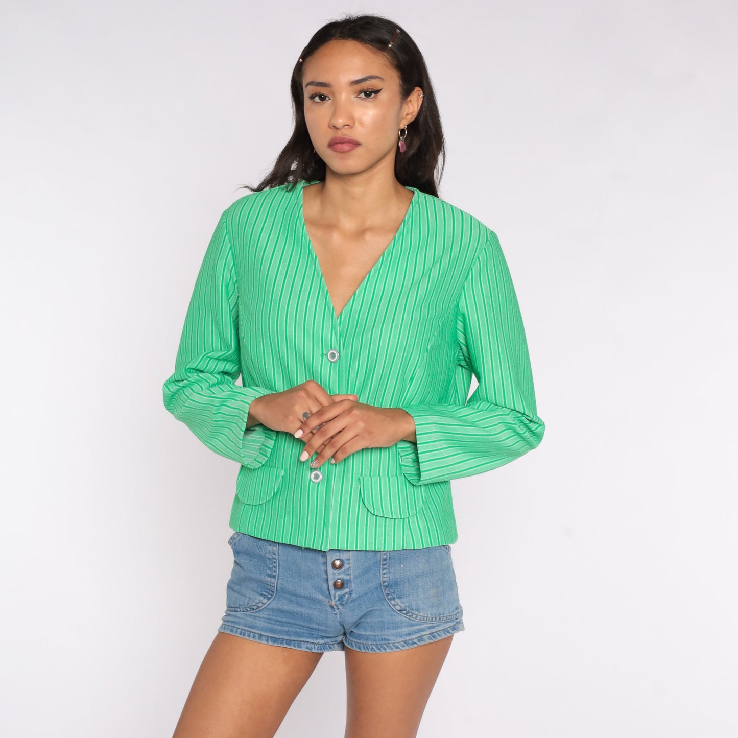70s Green Striped Button-Up Shirt Long Sleeve Blouse V-Neck Large L
