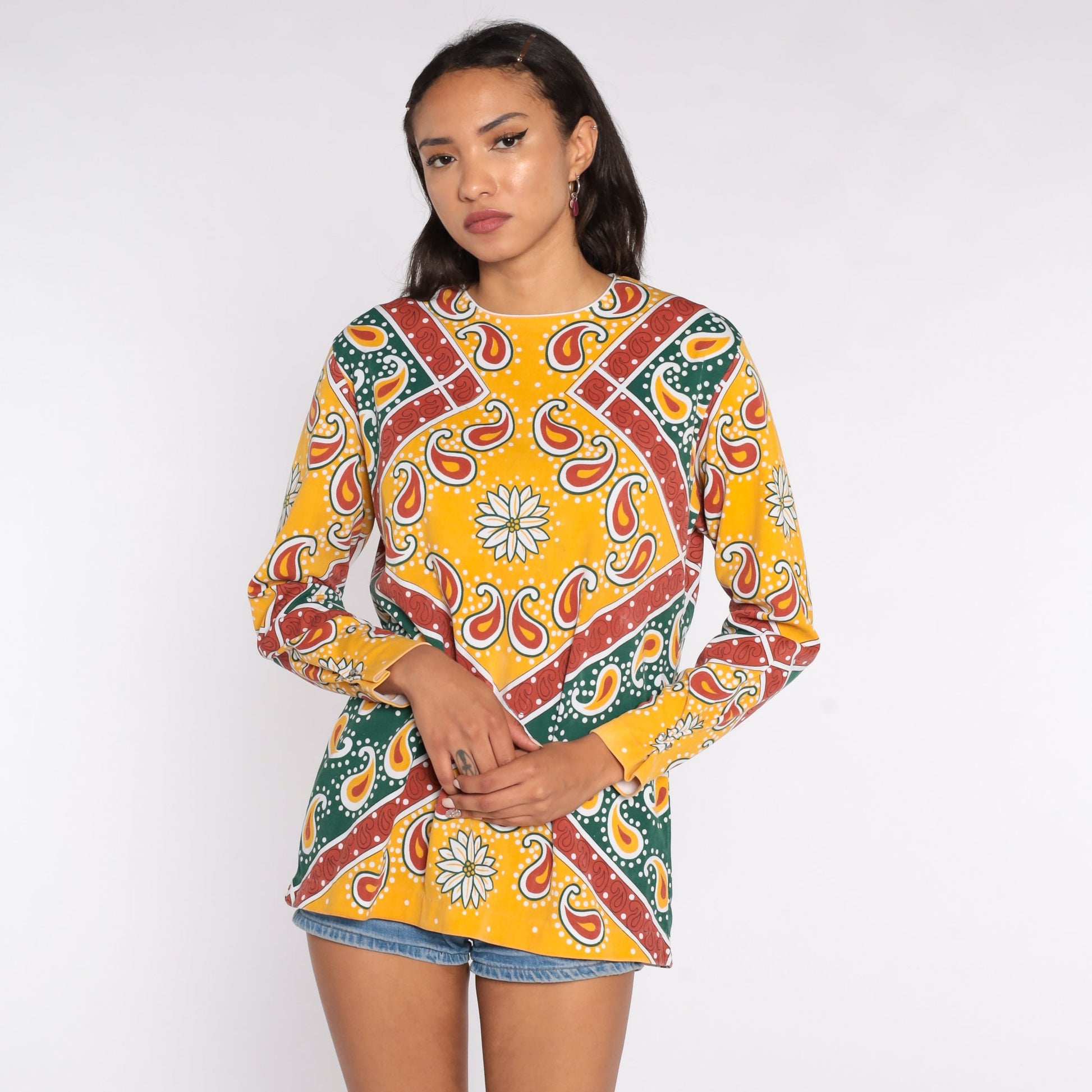 70s Psychedelic Floral Paisley Blouse Yellow Long Sleeve Extra Large