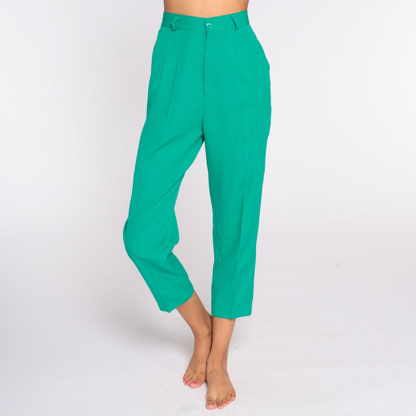 80s Green Pleated High-Waist Trousers Straight Leg Small