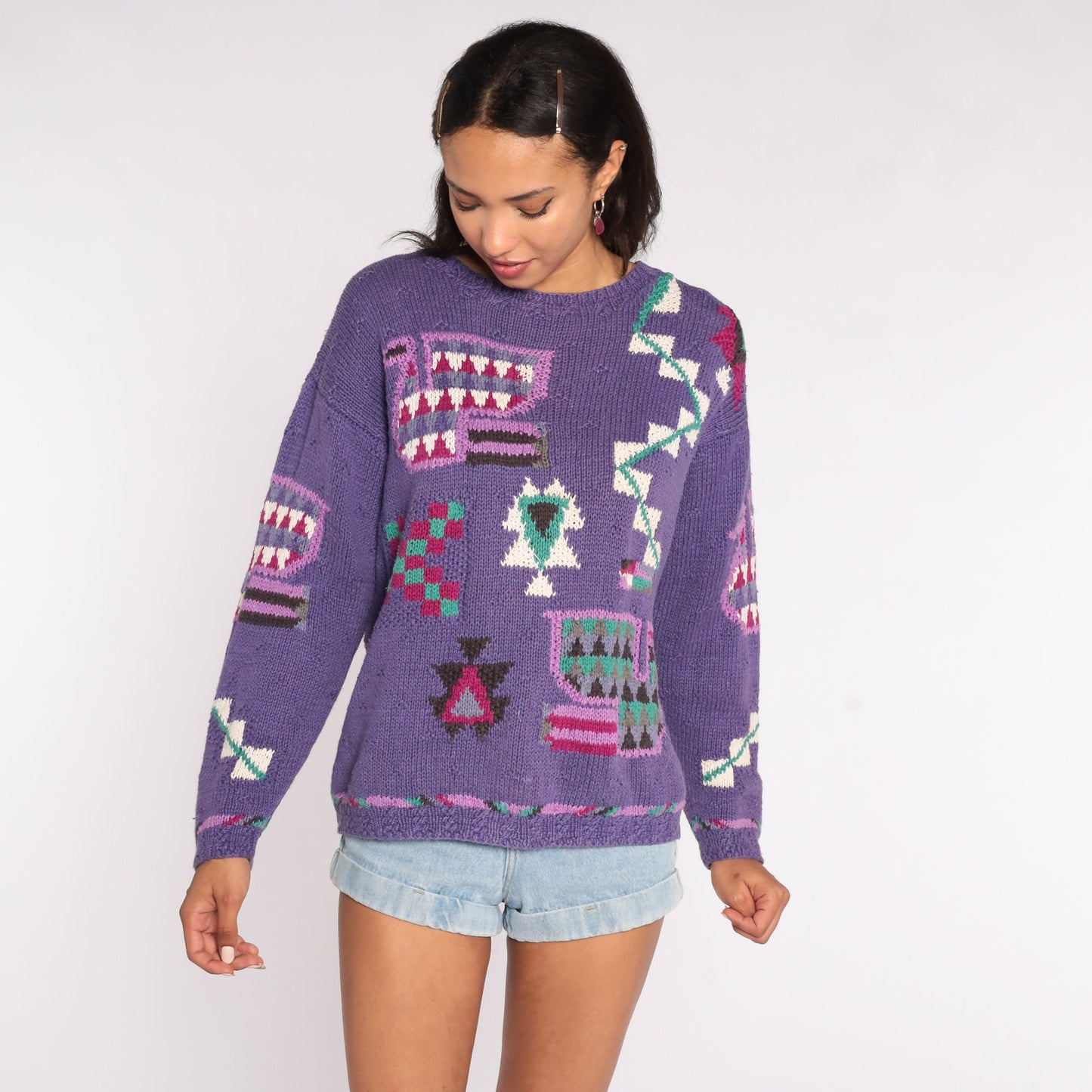 90s Purple Geometric Knit Sweater Cotton Ramie Pullover Medium