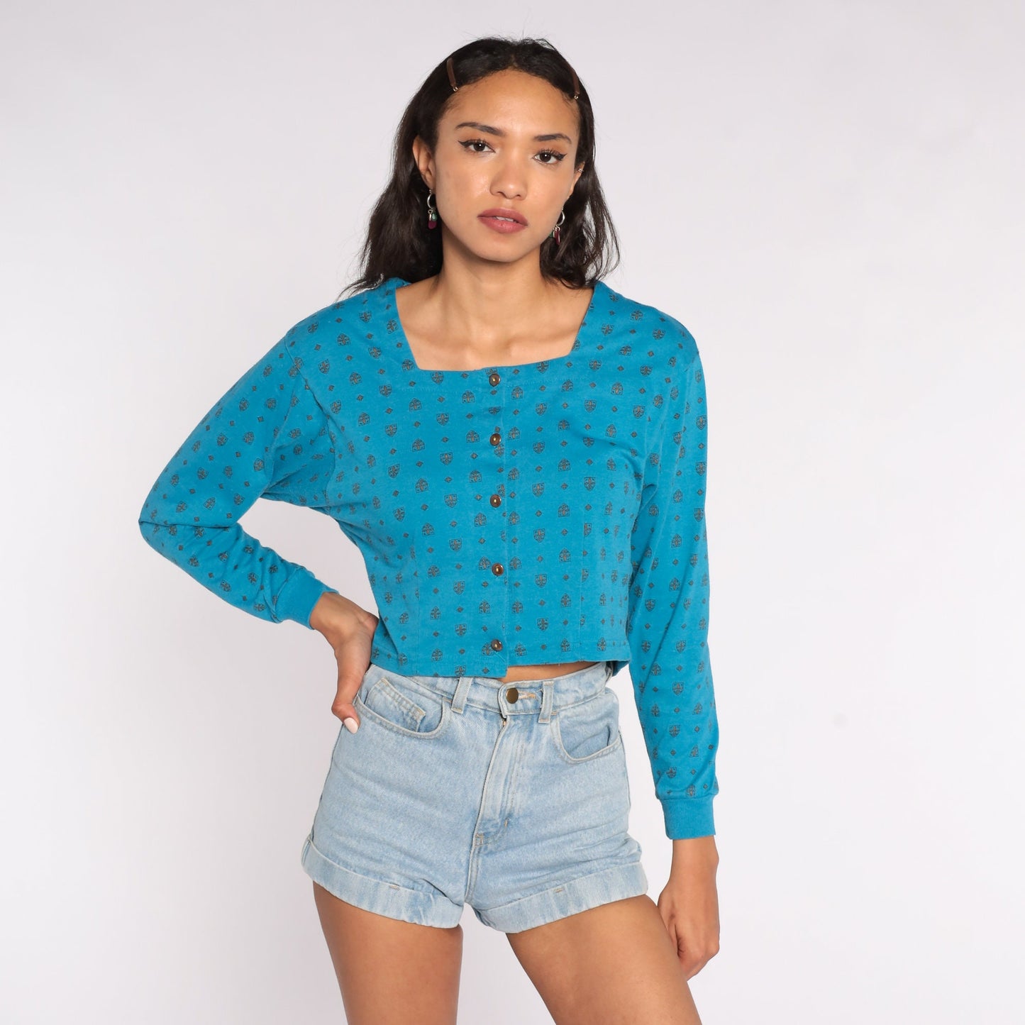 80s Turquoise Geometric Cotton Crop Top Button-Up Blouse Long Sleeve Medium