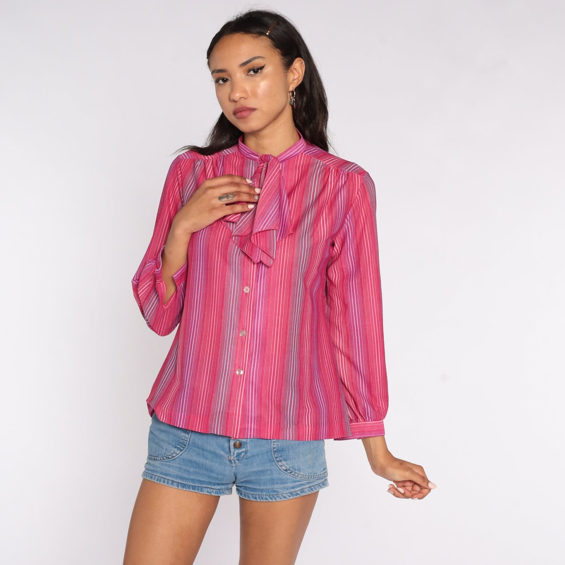 80s Striped Ascot Blouse Pink Long Sleeve Button Up Small Medium