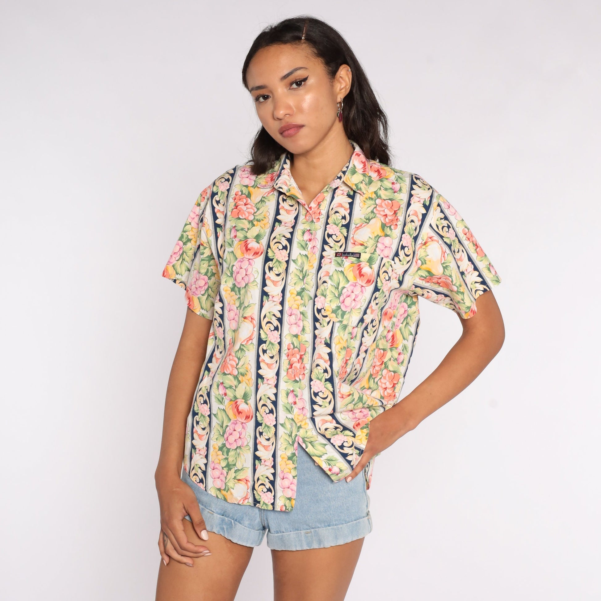90s Fruit Print Button Up Shirt Grape Berry Short Sleeve Cotton Large