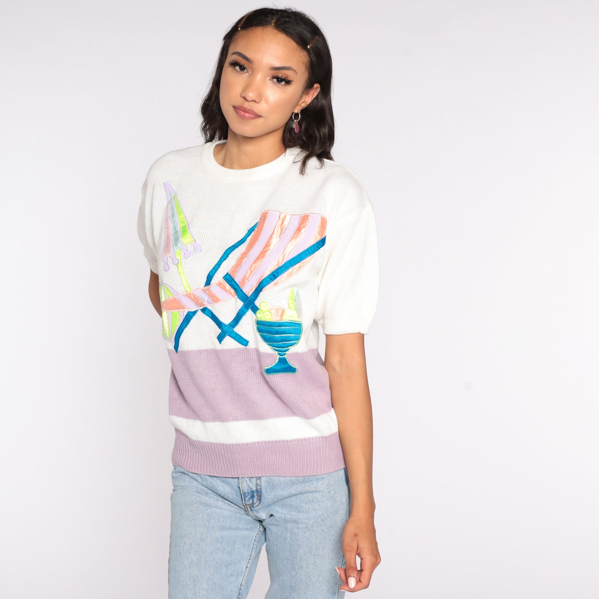 80s Tropical Beach Knit Top White Pink Colour Block Graphic Medium
