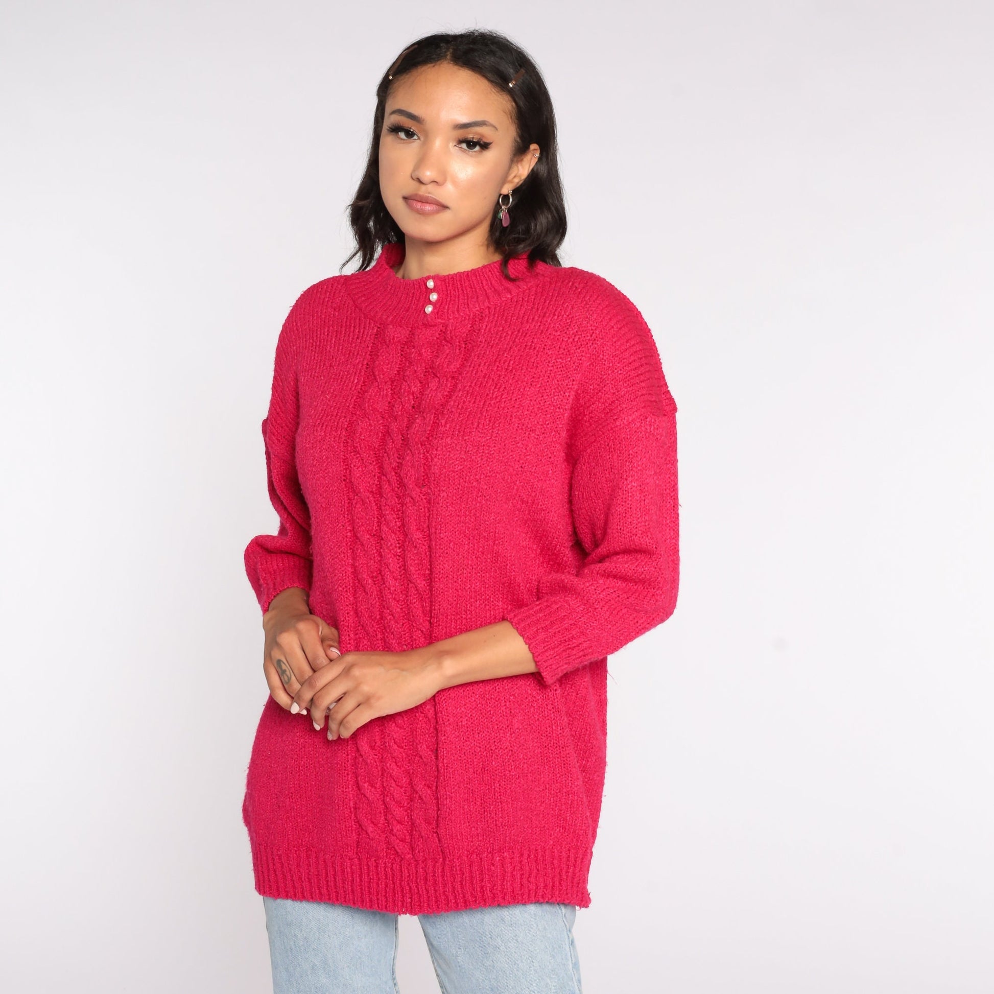 80s Hot Pink Cable Knit Sweater Pearl Button Pullover Extra Large XXL