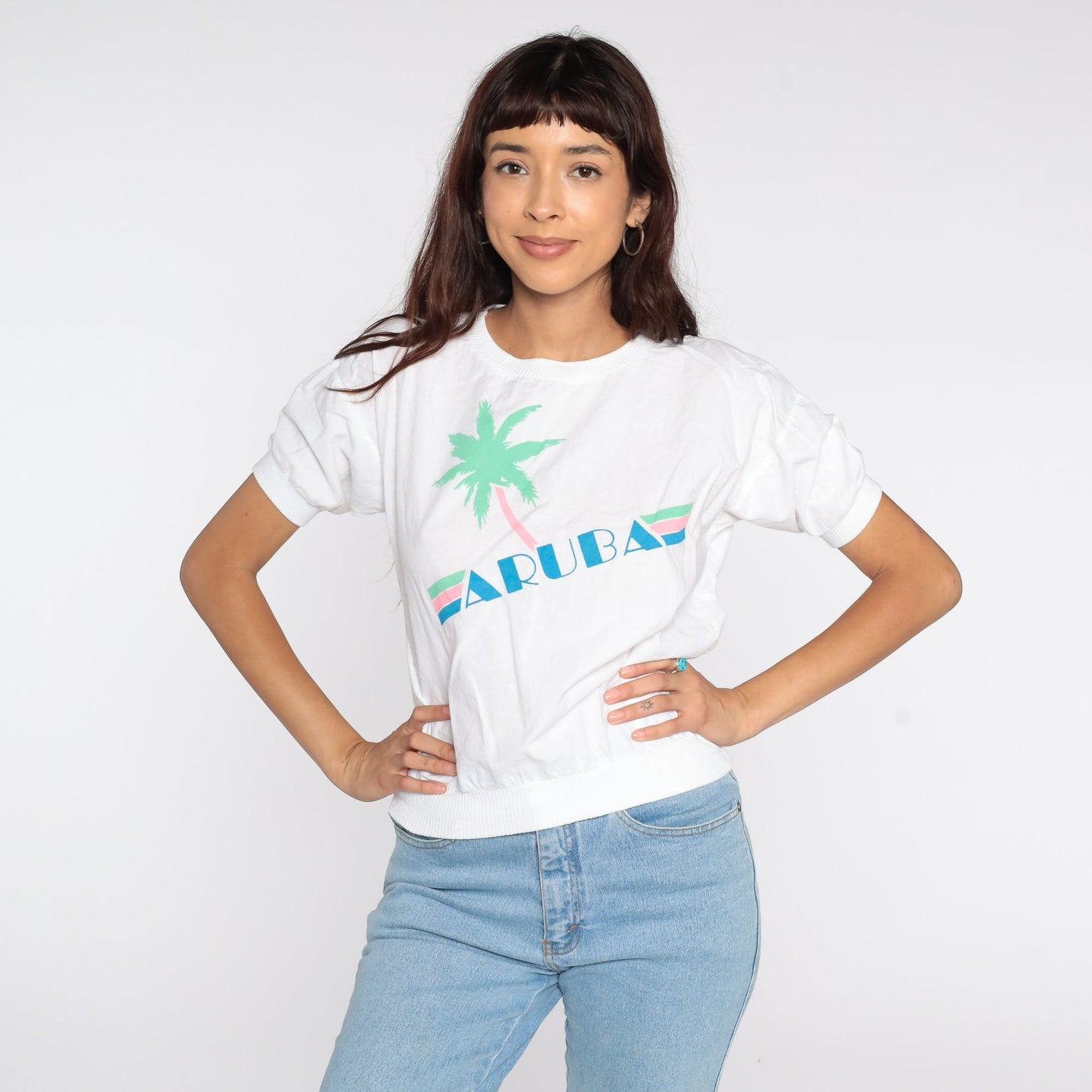 80s Aruba Palm Tree Graphic T-Shirt White Neon Small