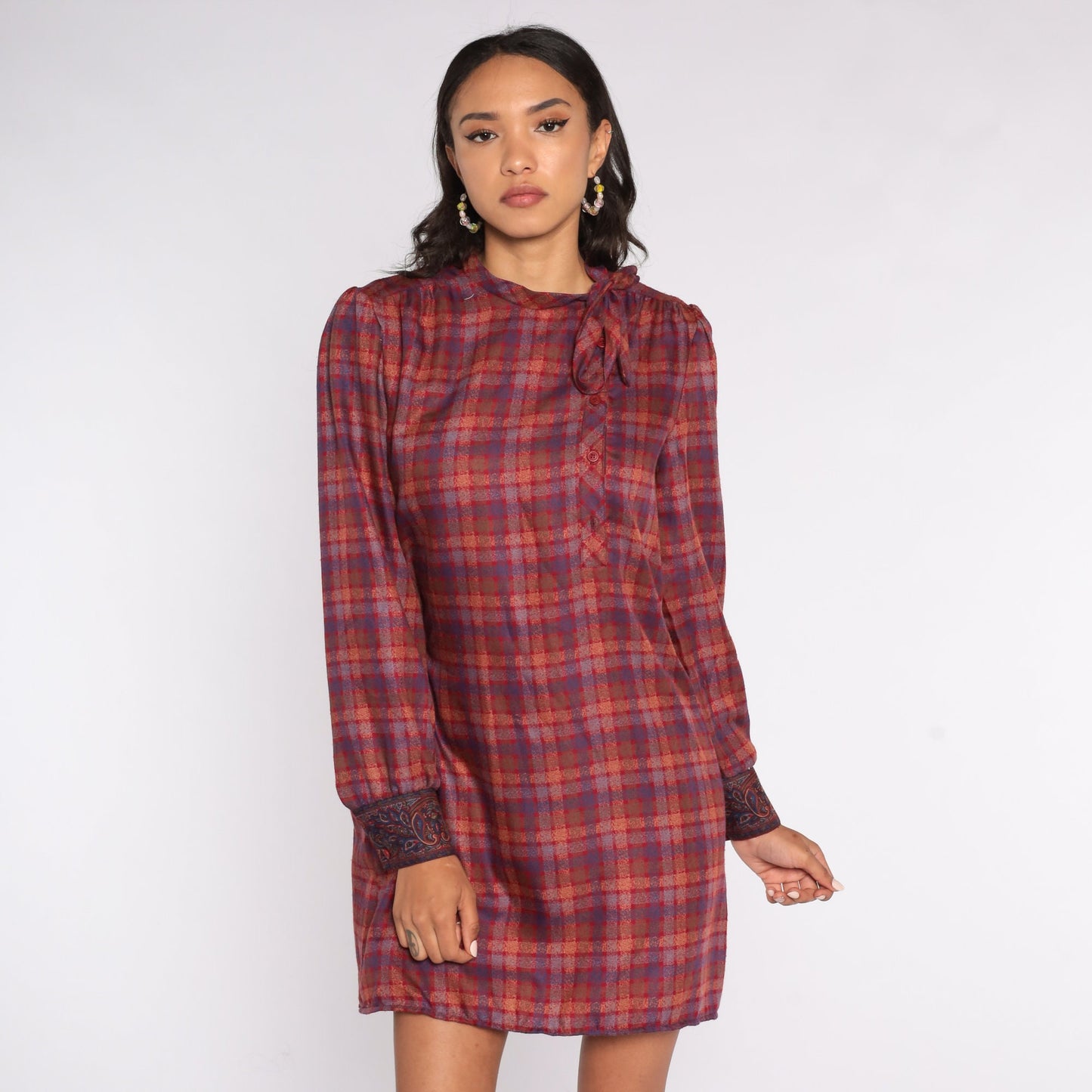 80s Plaid Mini Dress Red Brown Puff Sleeve Button Up Ascot Medium