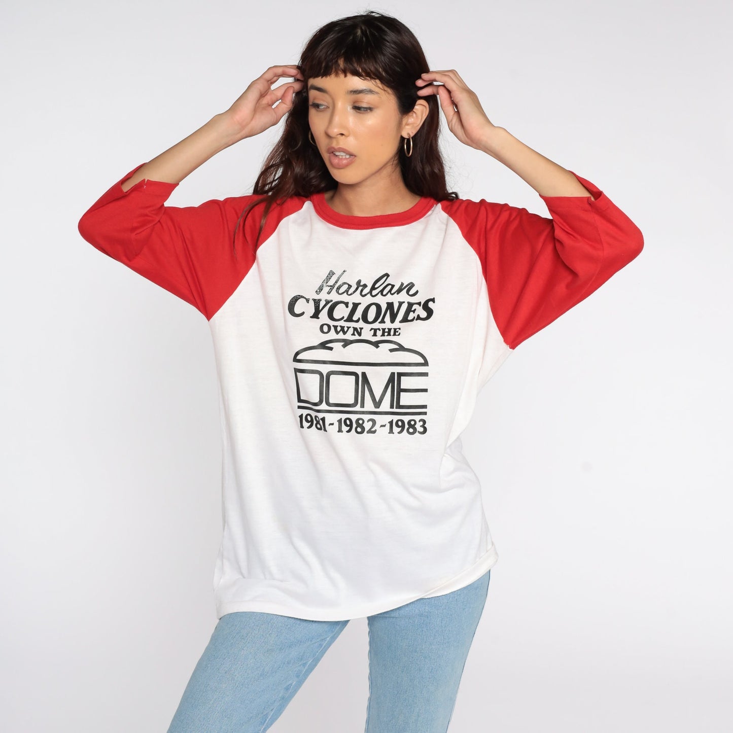 80s Harlan Cyclones Bogler Raglan Baseball Tee White Red Extra Large