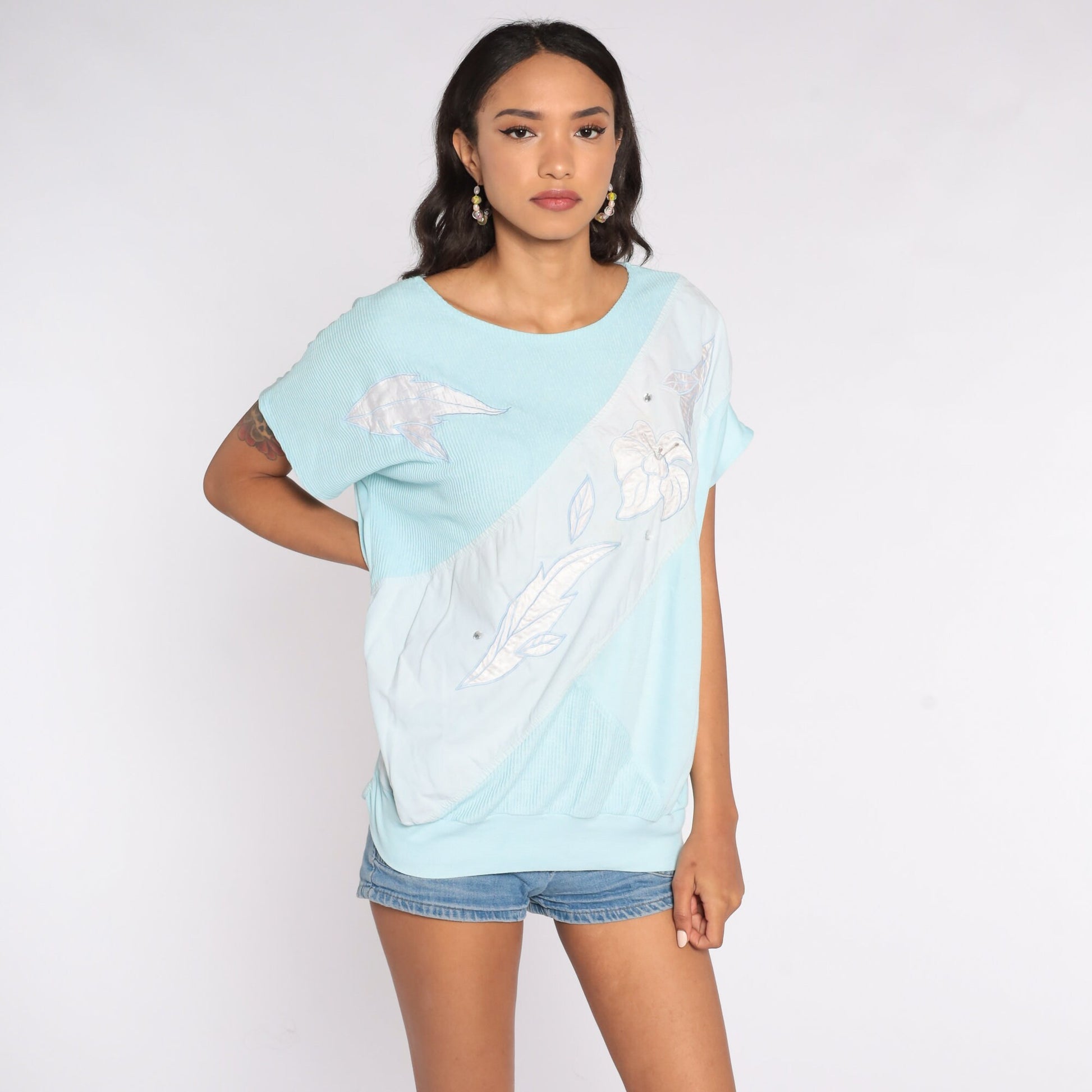 80s Floral Shirt Baby Blue Tropical Print Short Sleeve Blouse Plus Size XXL
