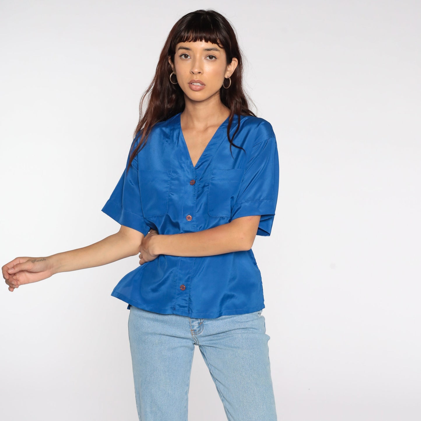 80s Royal Blue Button-Up Shirt Short Sleeve Blouse Medium