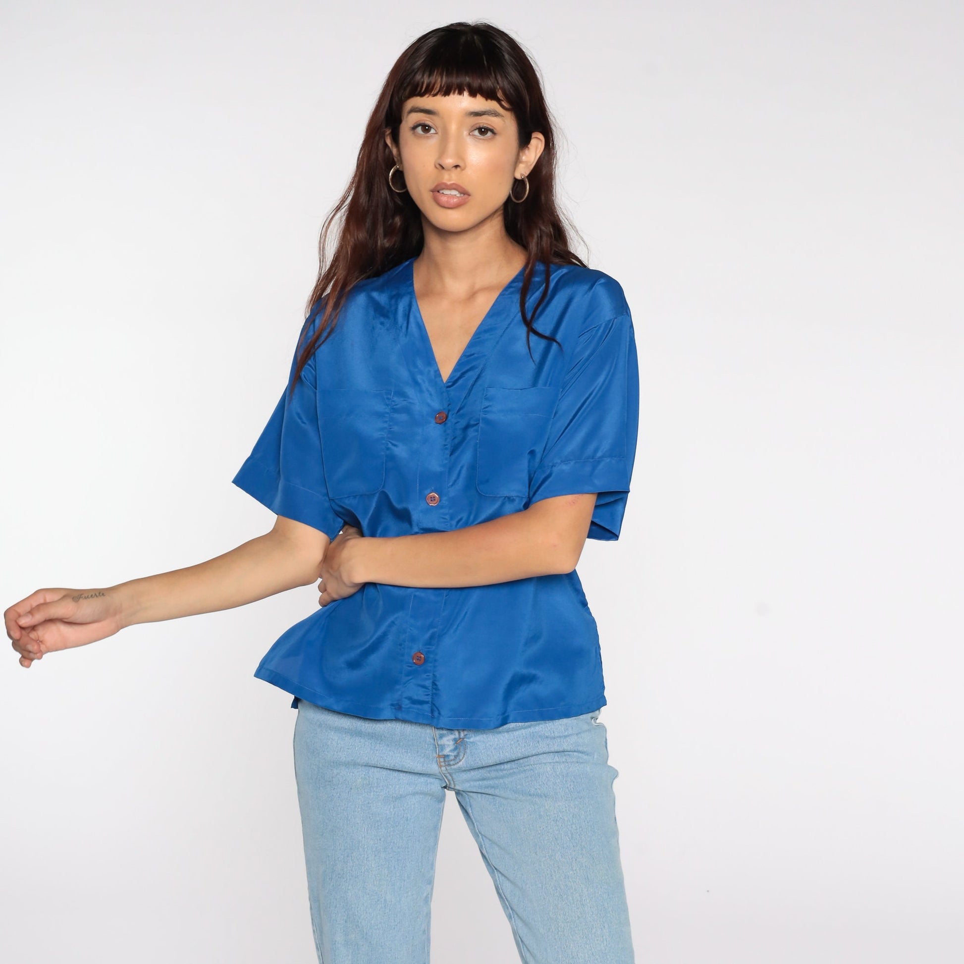 80s Royal Blue Button-Up Shirt Short Sleeve Blouse Medium