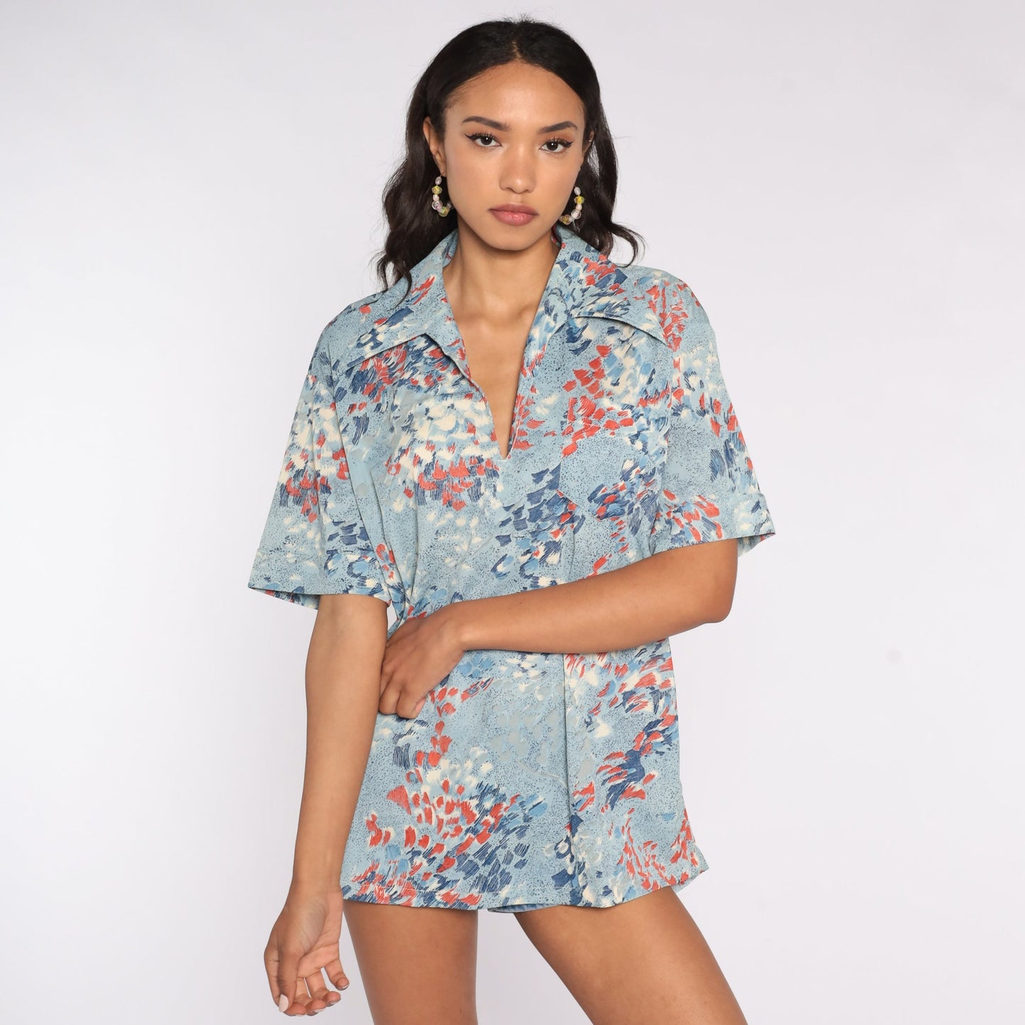 70s Brushstroke Blouse Blue V-Neck Short Sleeve Top Extra Large XXL