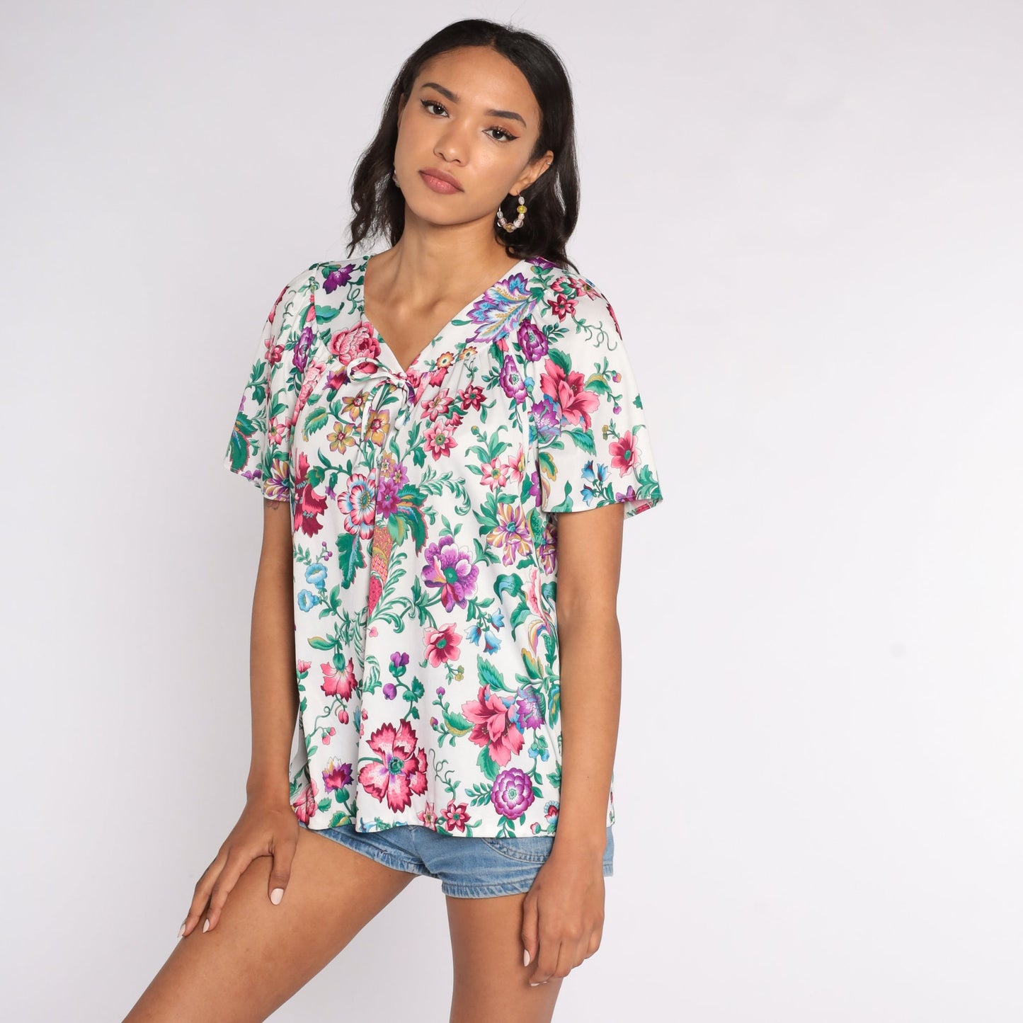 70s Floral Print Blouse White Tent Cut Flutter Sleeve Vintage Shirt Large L