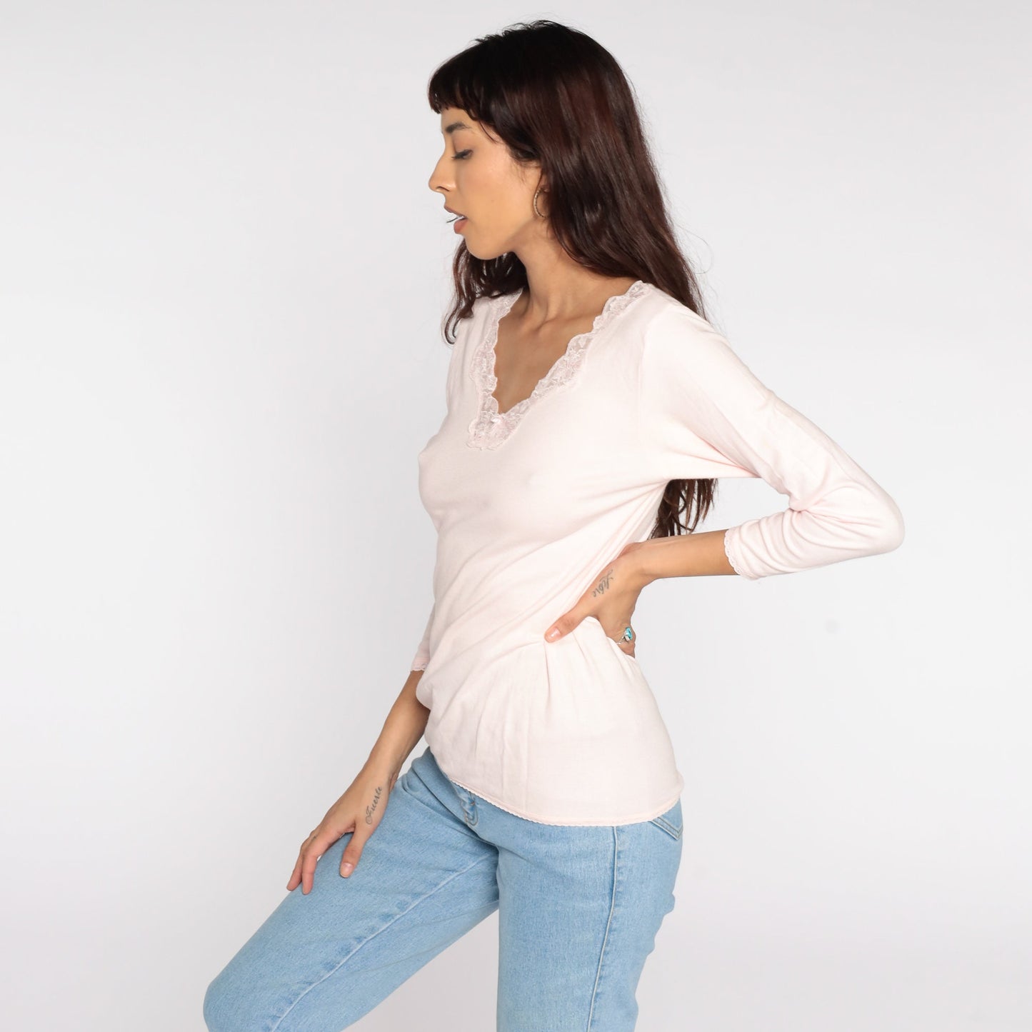 80s Baby Pink Long Sleeve Tee Lace Trim Cotton Blend Medium