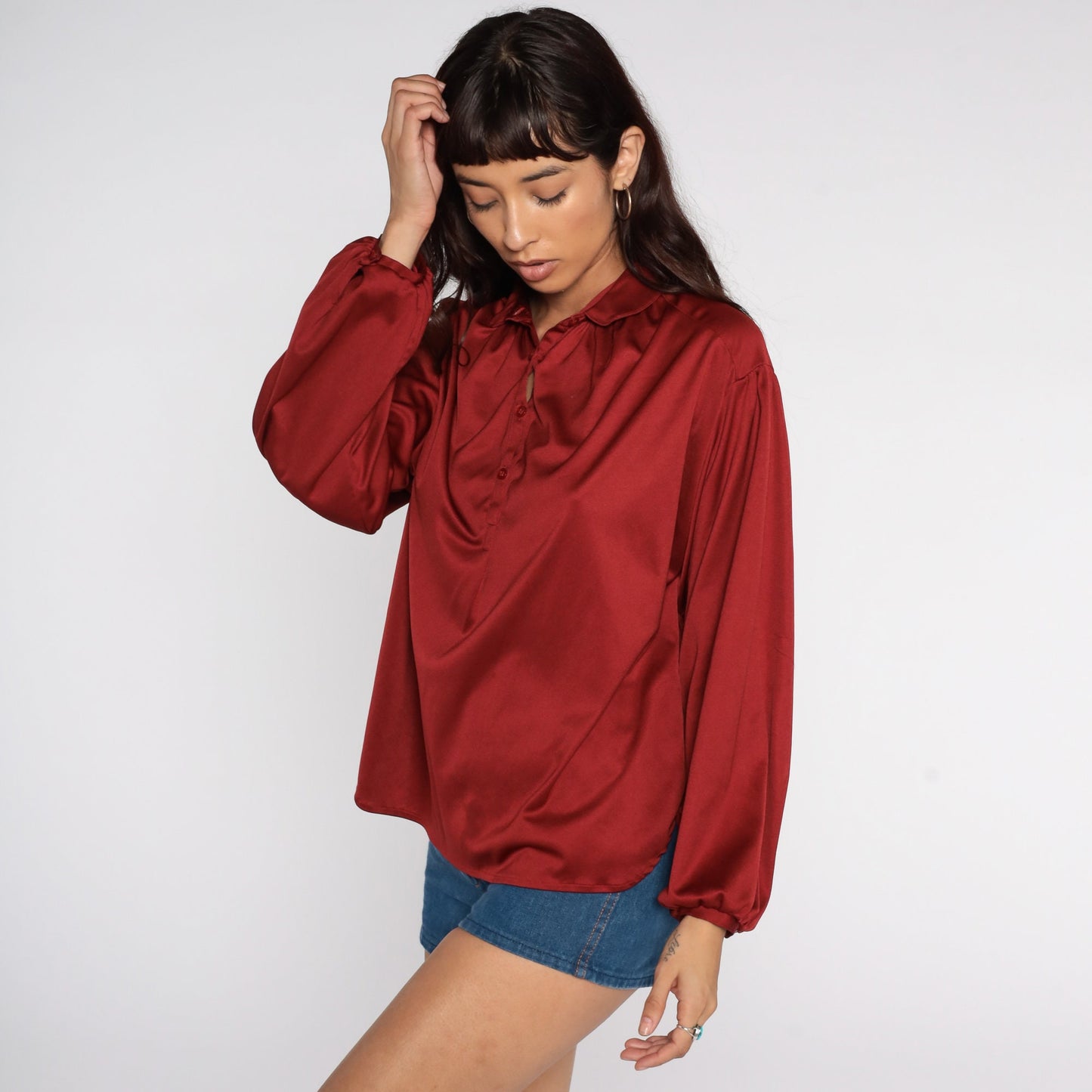 70s Rust Red Silky Blouse Peter Pan Collar Long Sleeve Disco Shirt Large L