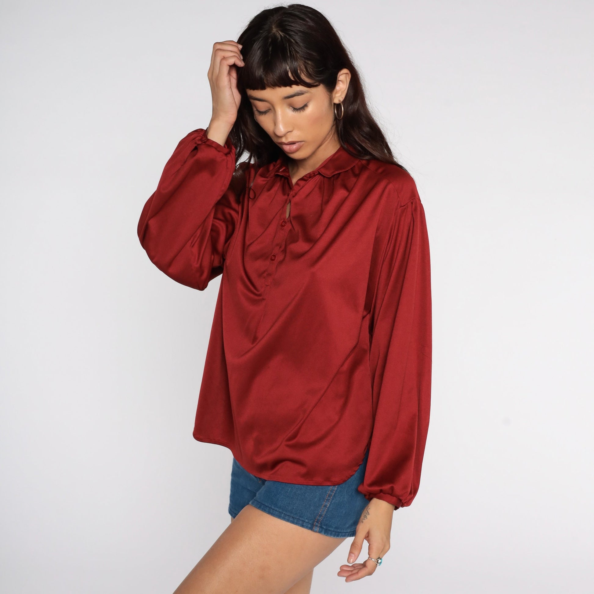 70s Rust Red Silky Blouse Peter Pan Collar Long Sleeve Disco Shirt Large L