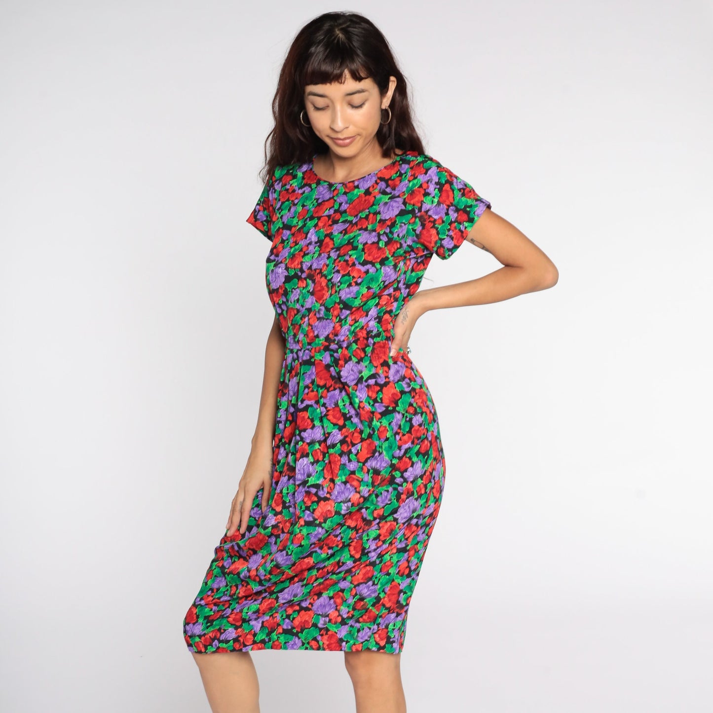 80s Floral Midi Dress High Waisted Pencil Button Back Short Sleeve Small