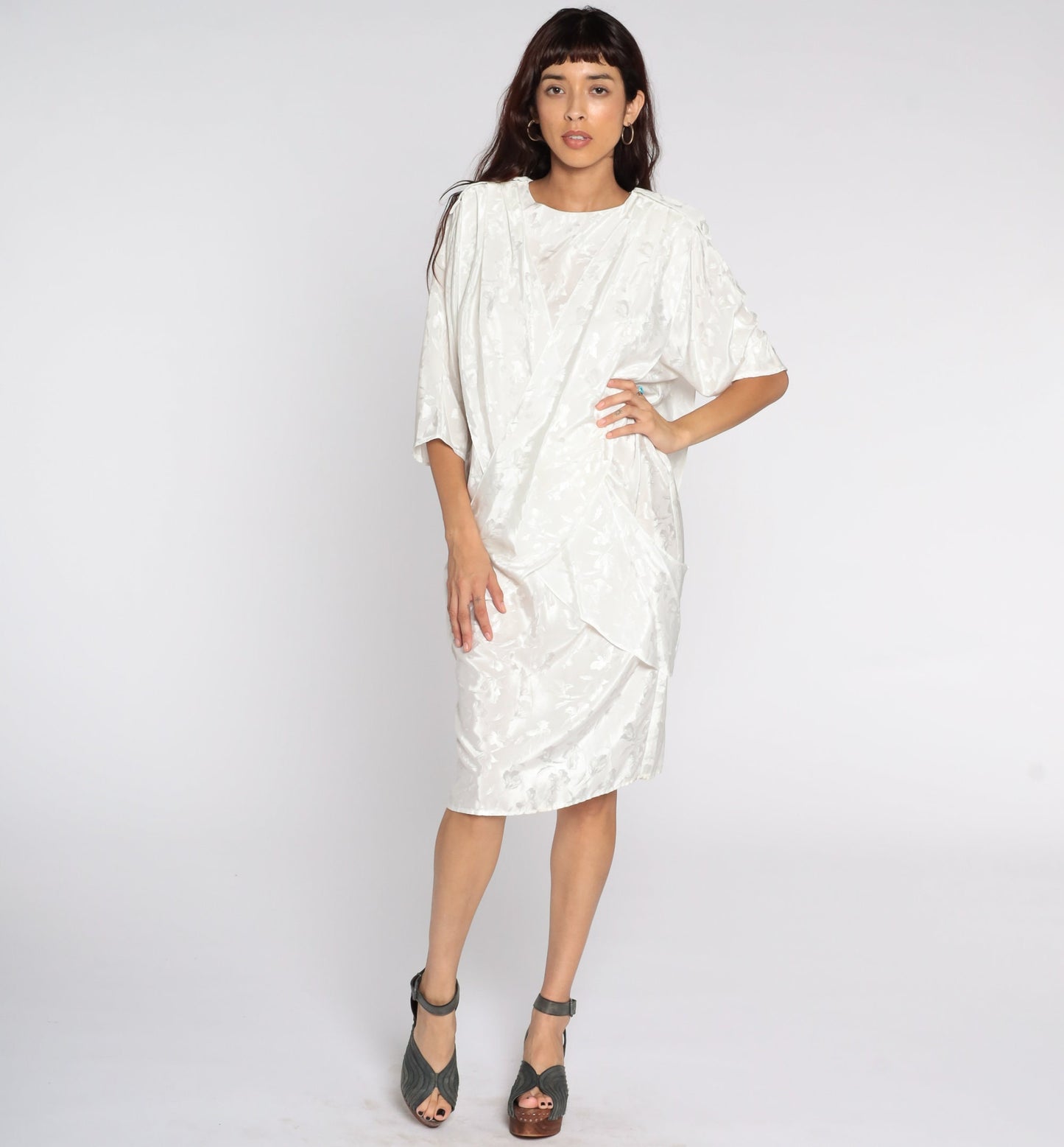 80s All That Jazz White Floral Embossed Midi Dress Draped Panel Medium