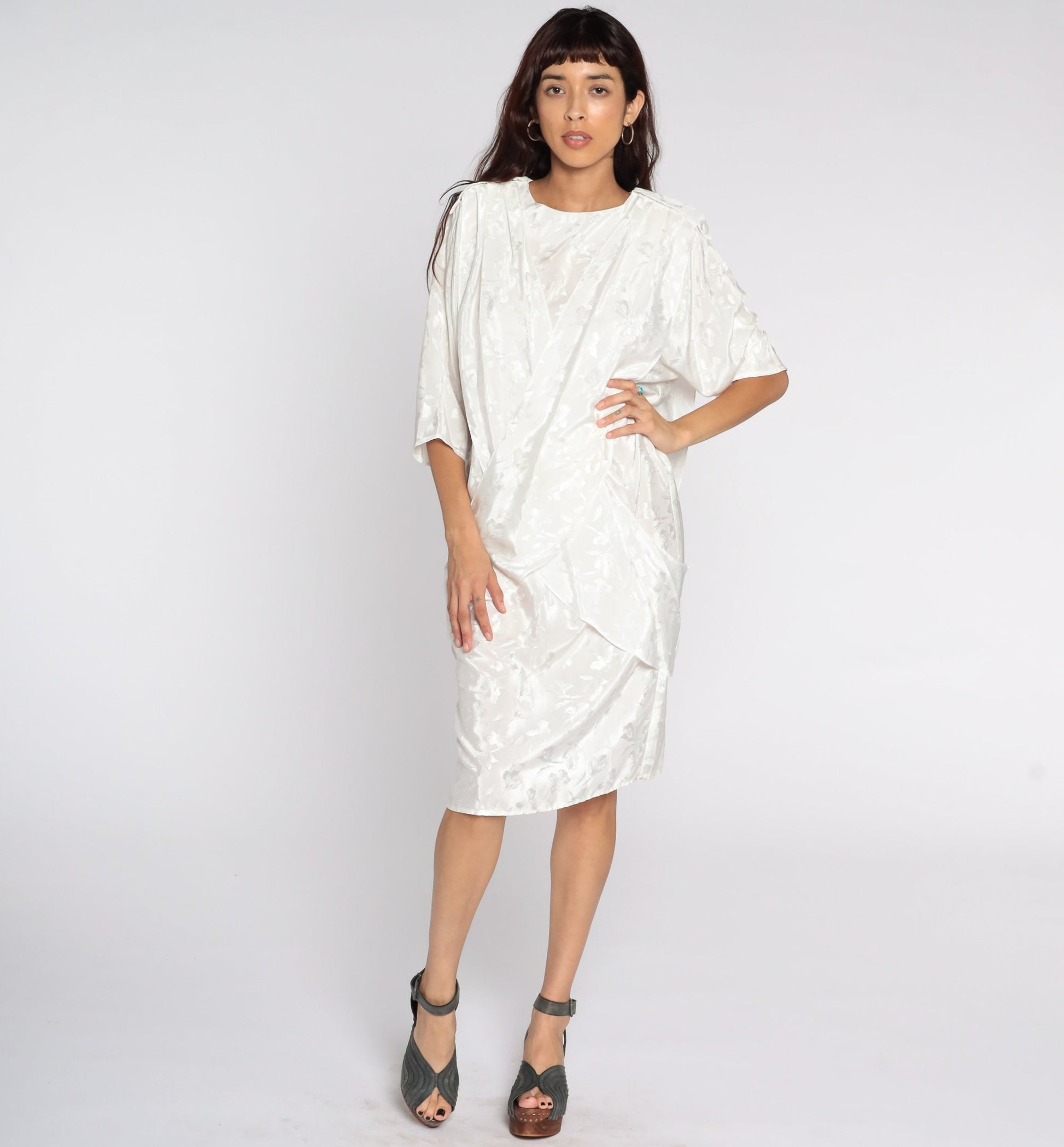 80s All That Jazz White Floral Embossed Midi Dress Draped Panel Medium