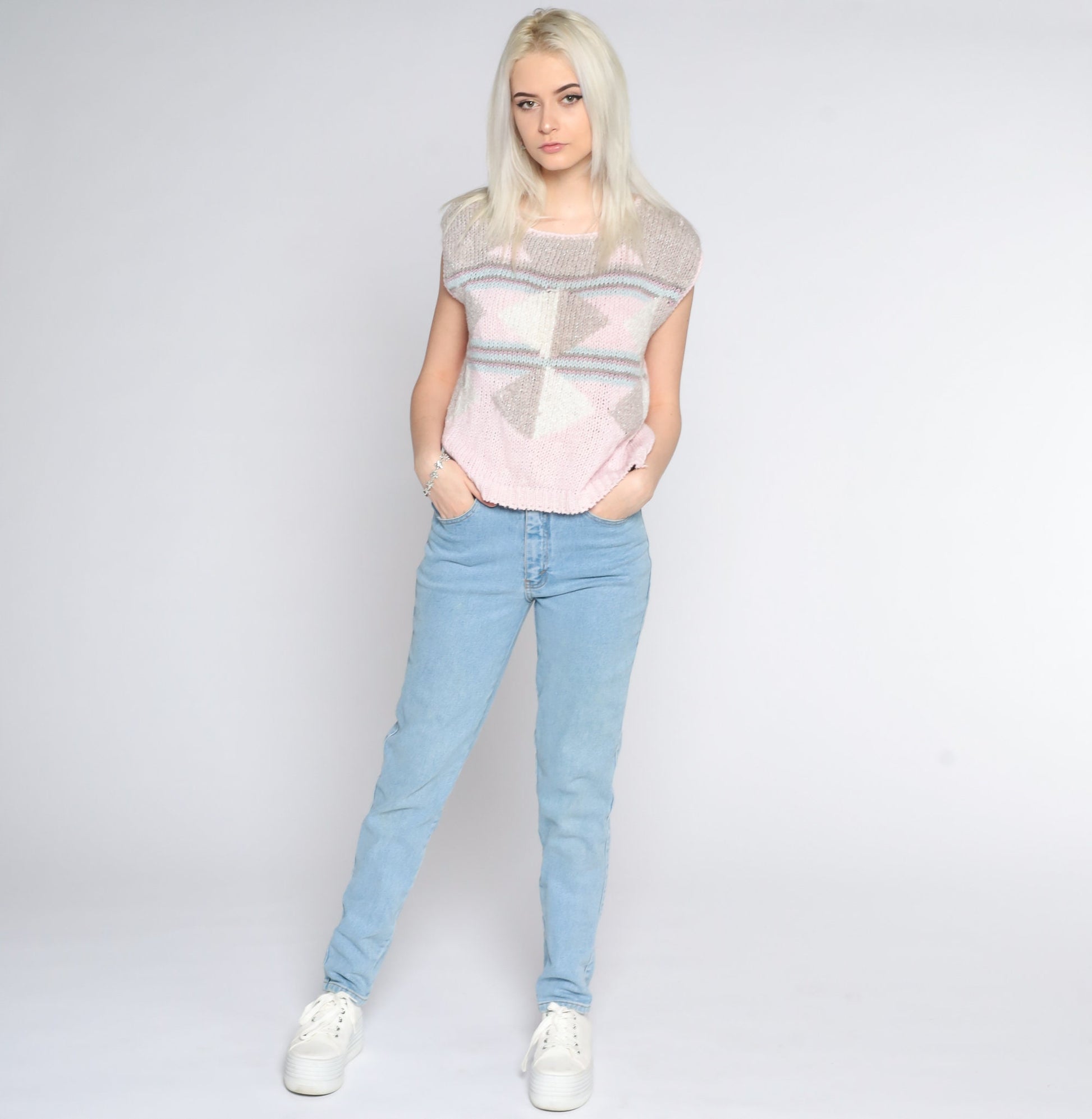 80s Geometric Colour Block Knit Top Baby Pink Cap Sleeve Medium