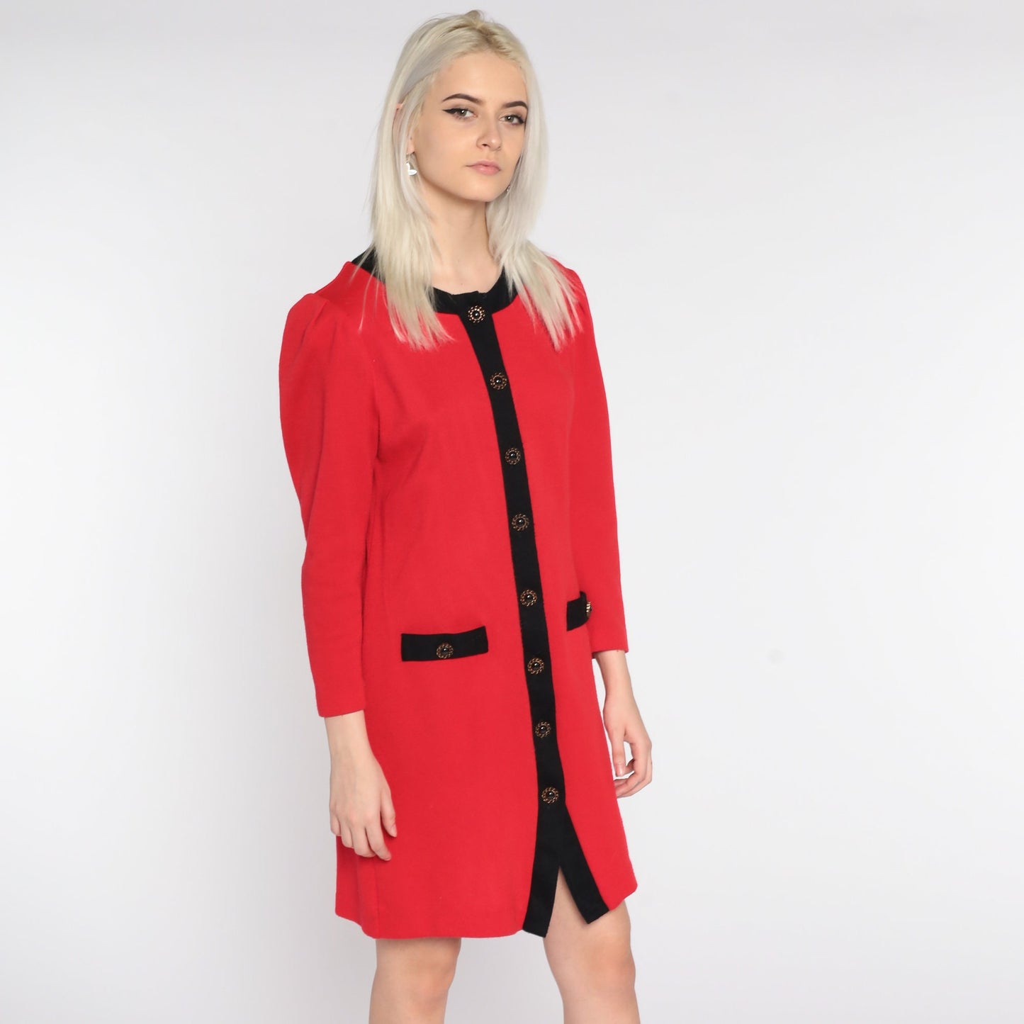 80s Red Mini Dress Puff Sleeve Button Up Black Trim Small