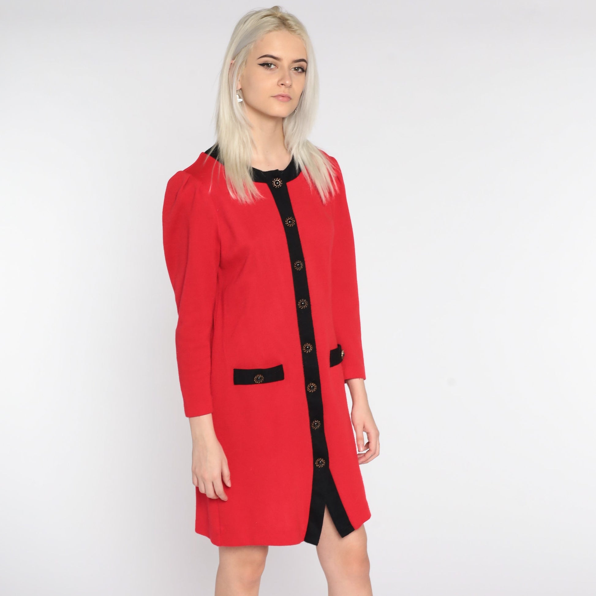 80s Red Mini Dress Puff Sleeve Button Up Black Trim Small