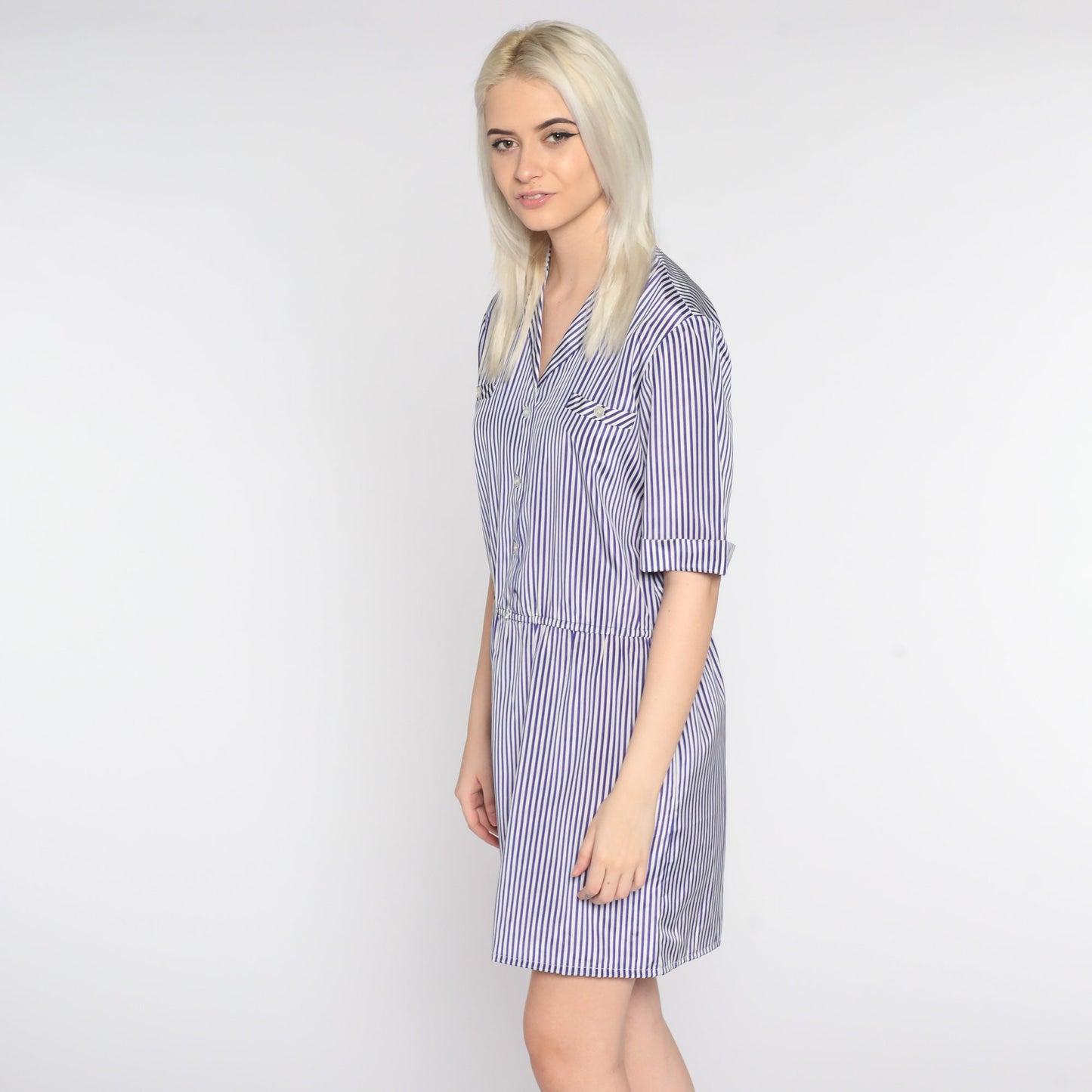 80s Purple White Striped Mini Dress Button Up Short Sleeve Small Medium
