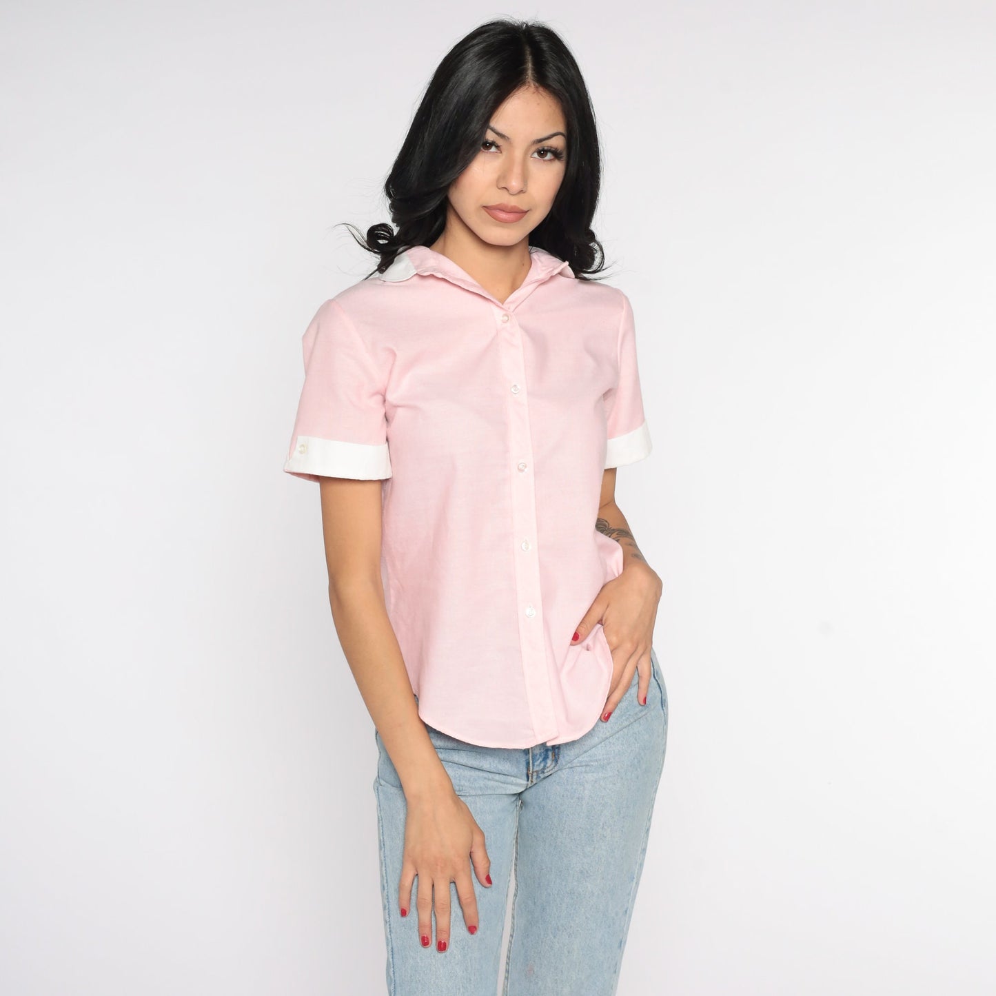 80s Baby Pink Peter Pan Collar Button-Up Blouse Short Sleeve Medium