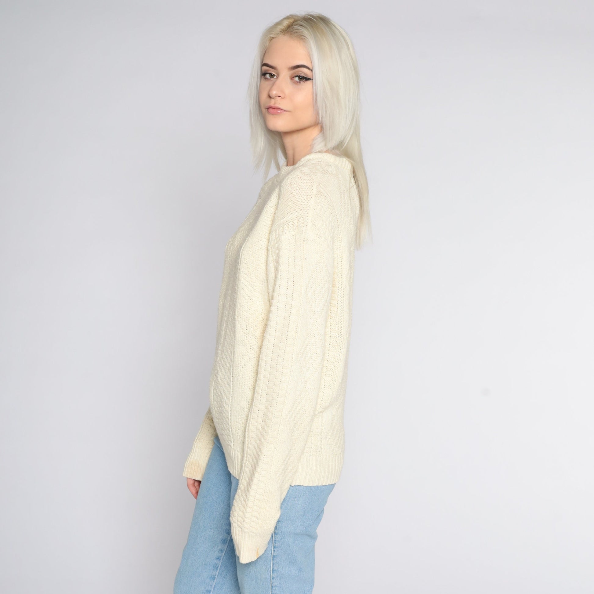 90s Cream Textured Acrylic Sweater Pullover Crewneck Large