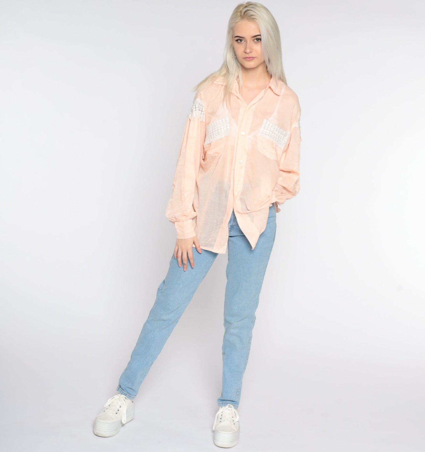90s Sheer Crochet Lace Button-Up Blouse Peach Pink Long Sleeve Extra Large