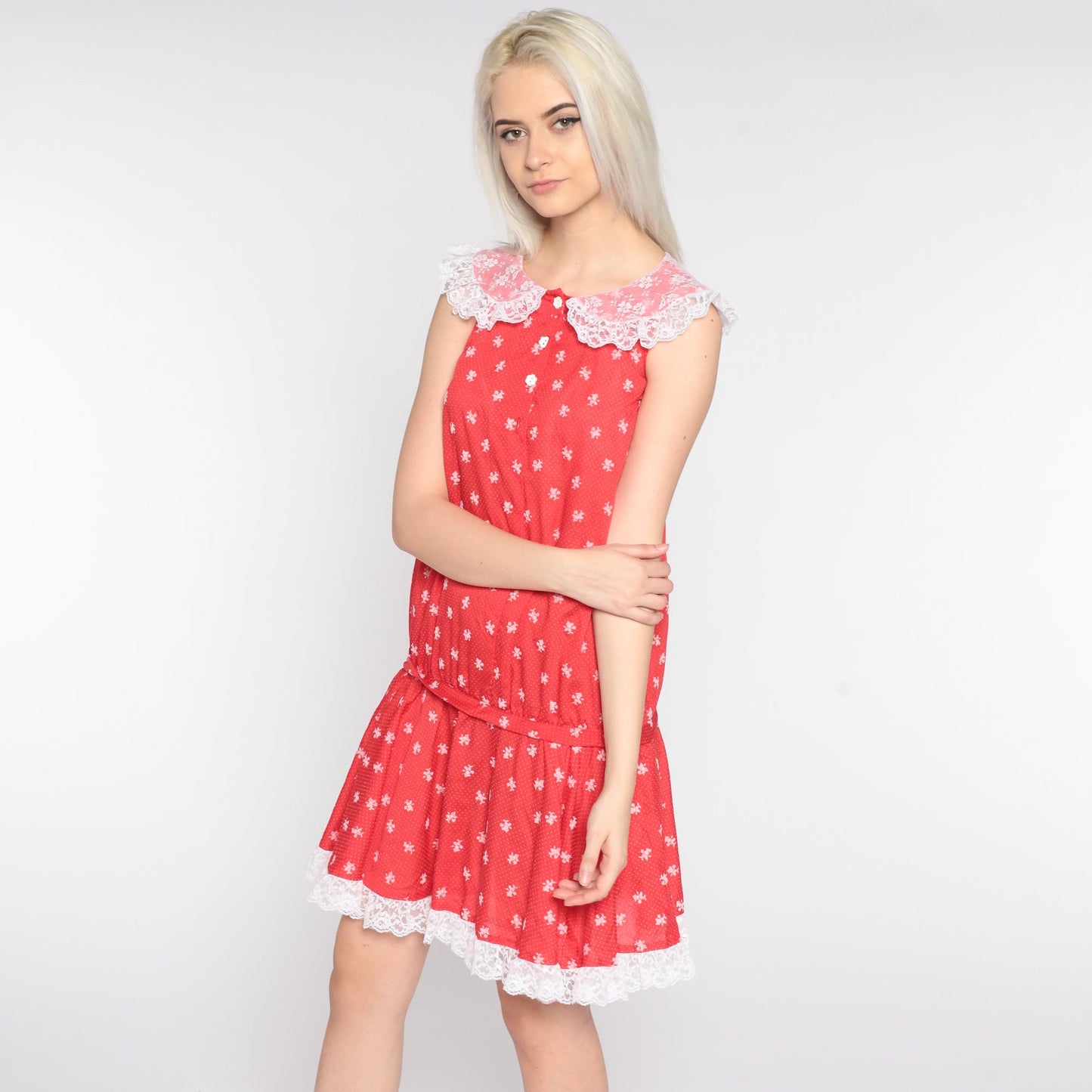 70s Red Floral Mini Dress Lace Collar Sleeveless Shift Extra Small