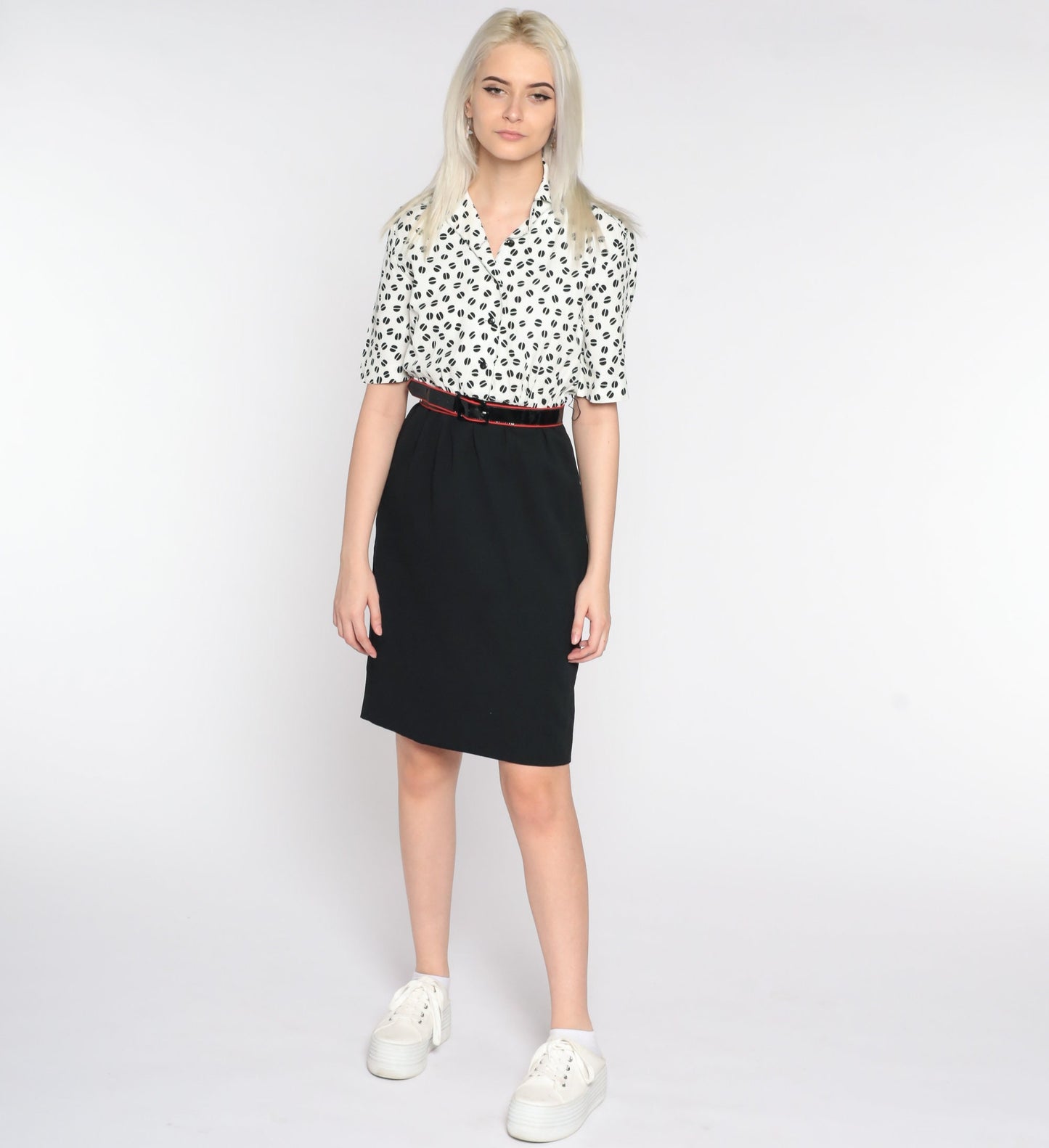80s Black White Geometric Mini Shirtdress High Waist Button Front Extra Small