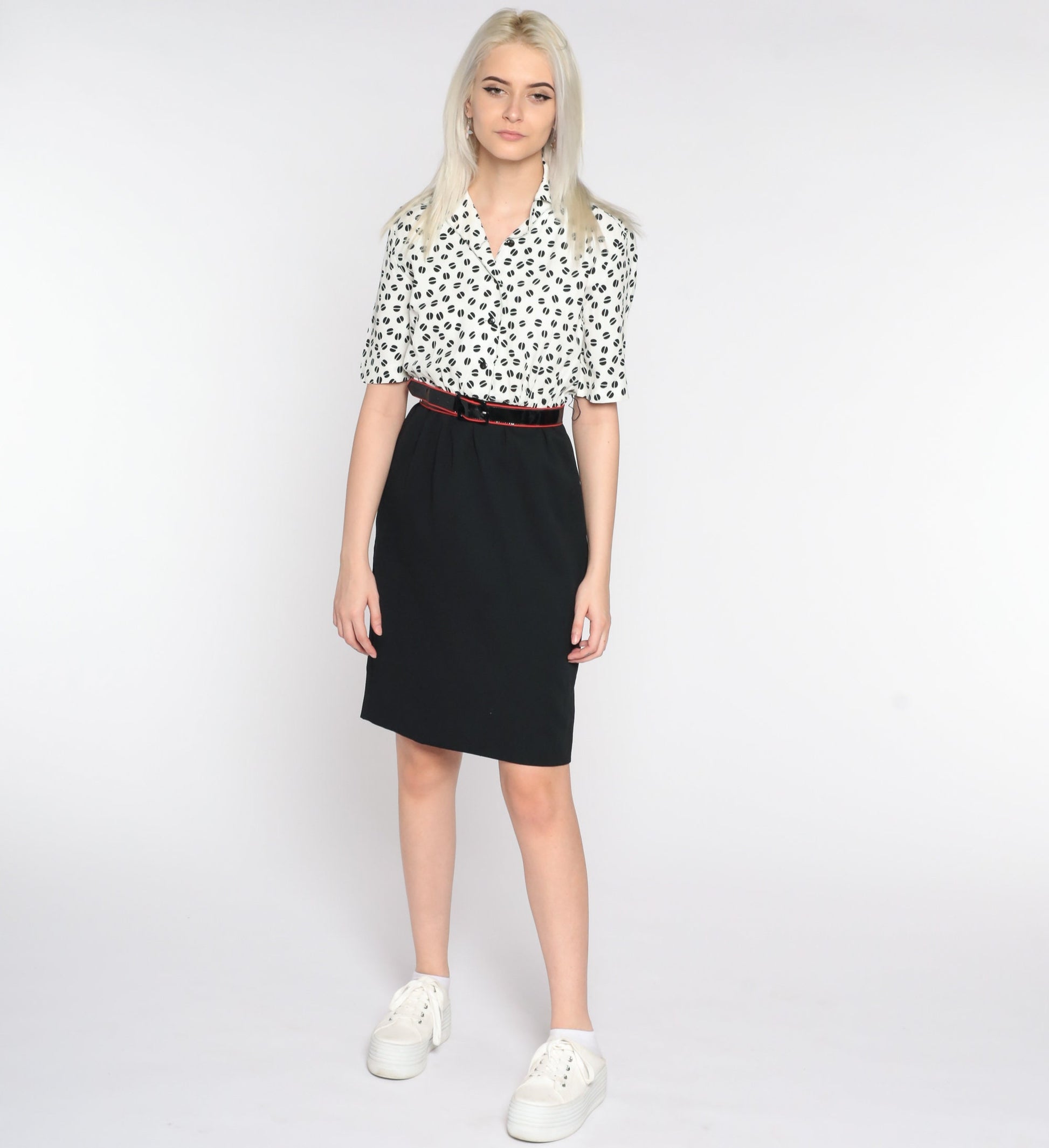 80s Black White Geometric Mini Shirtdress High Waist Button Front Extra Small